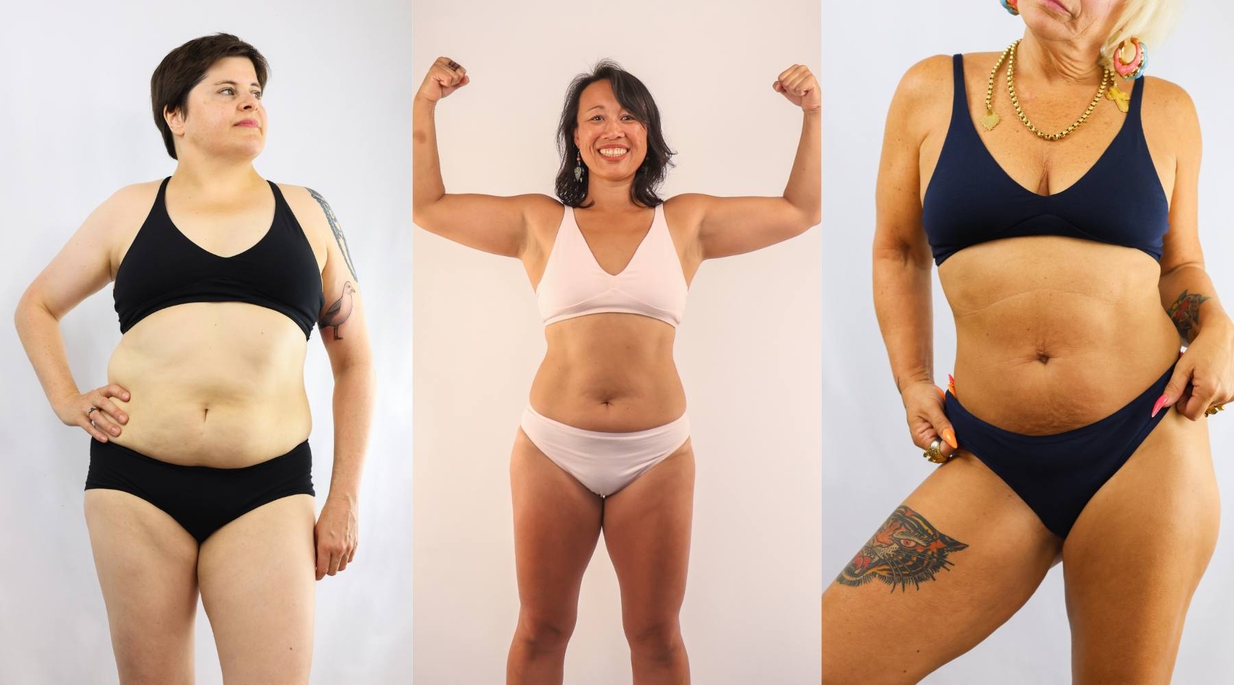 Three photos side by side showing women with a range of body types wearing Y.O.U bralettes and knickers in black, pink, and navy. Two of the pose with hands on hips, while the woman in the middle holds both arms up in a pose of strength.