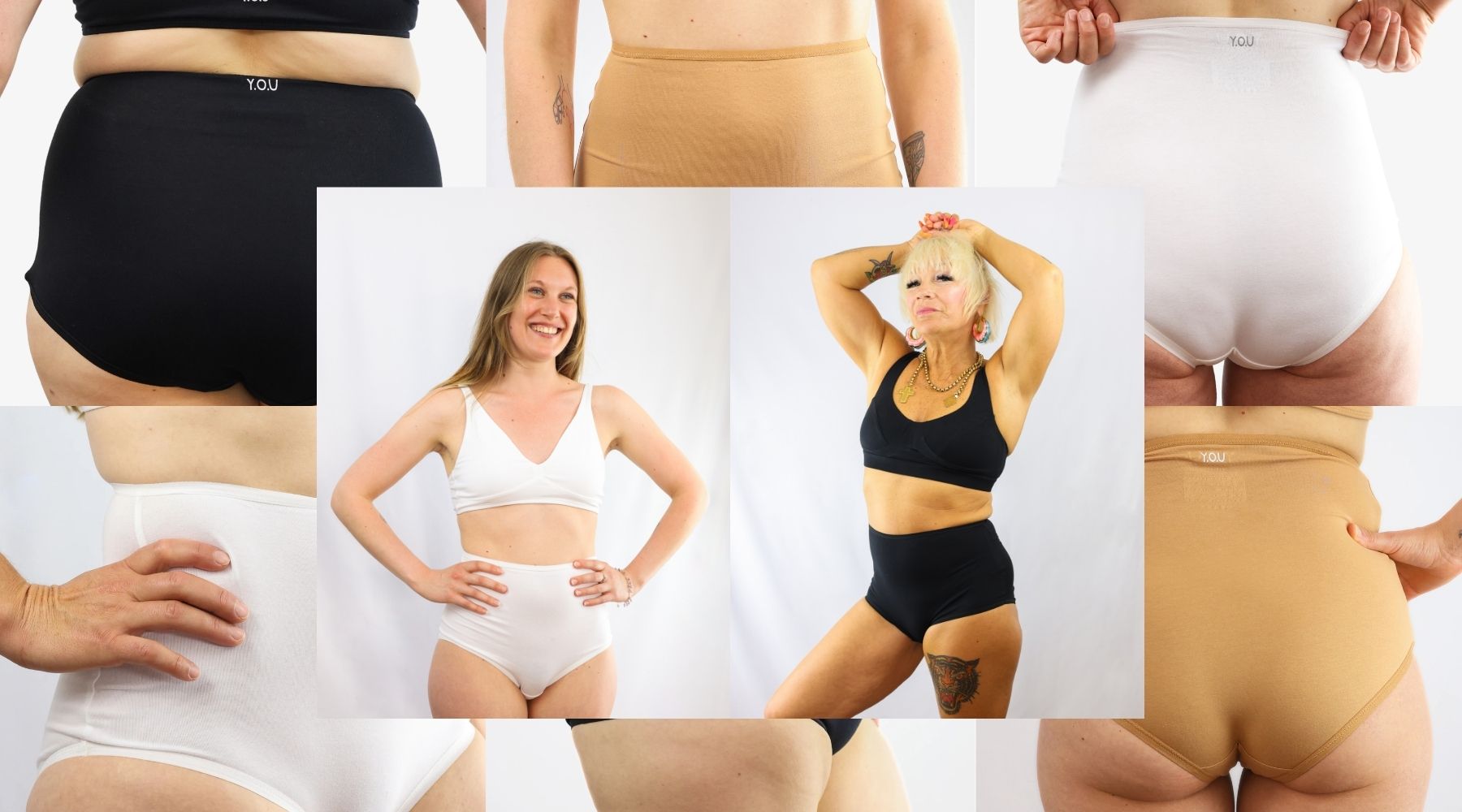 Two photos of women modelling Y.O.U underwear with six background photos of women wearing the black, almond, and white full brief pants.