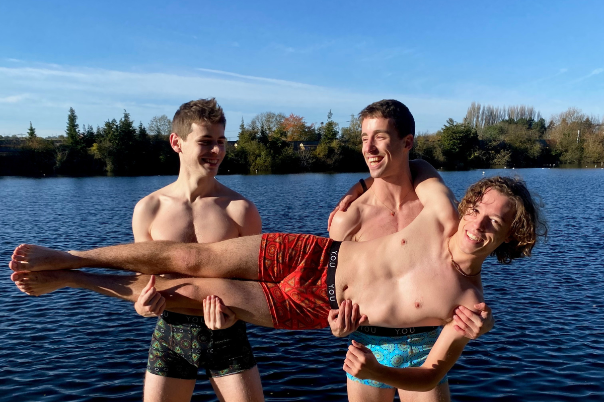 Male models wearing our mid-length Mara print trunks (by Hinksey lake!)