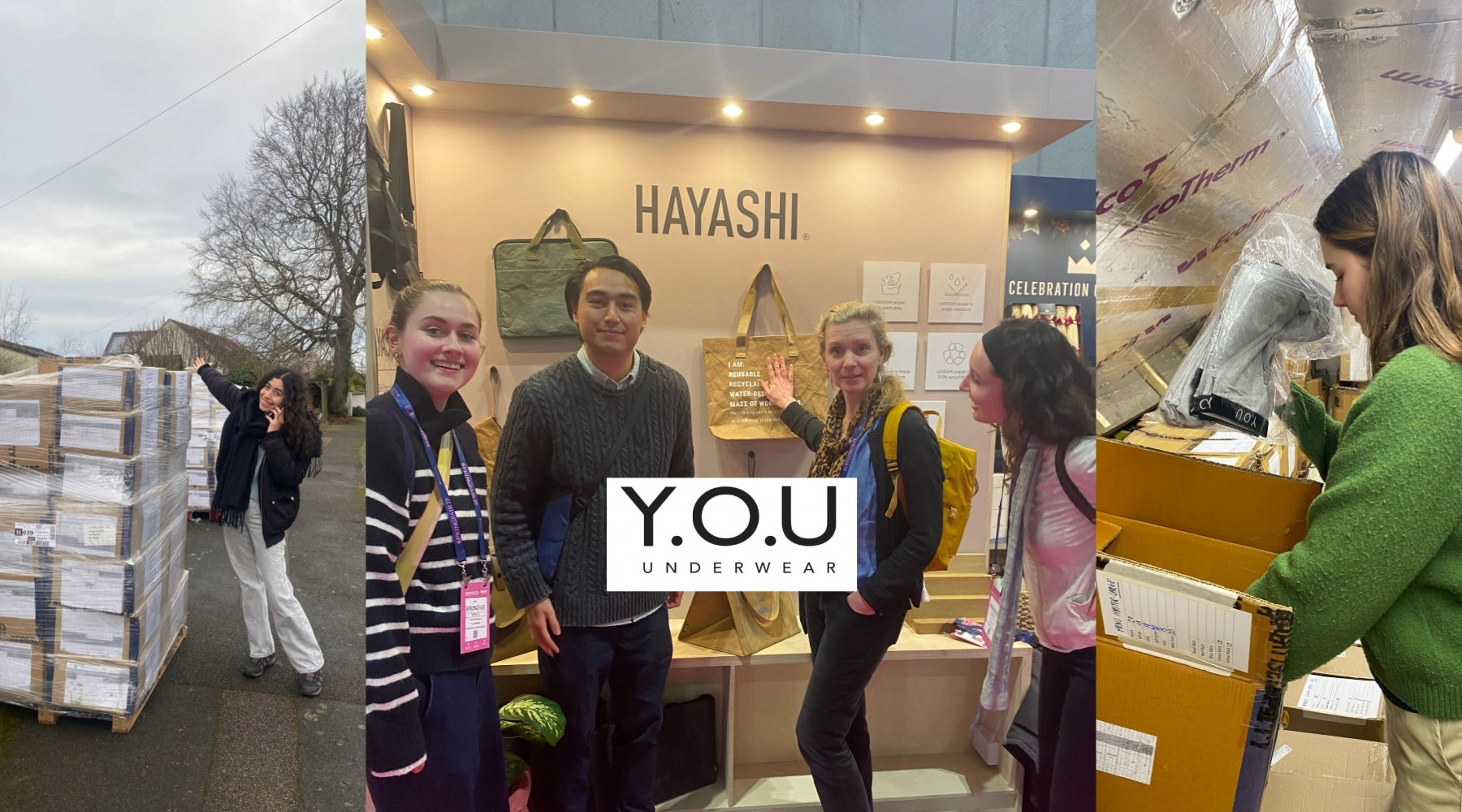 Collage image of three behind the scenes photos showing deliveries, stocktake counting, and visiting a stall at a trade fair. The Y.O.U Underwear black and white logo is laid over the top.