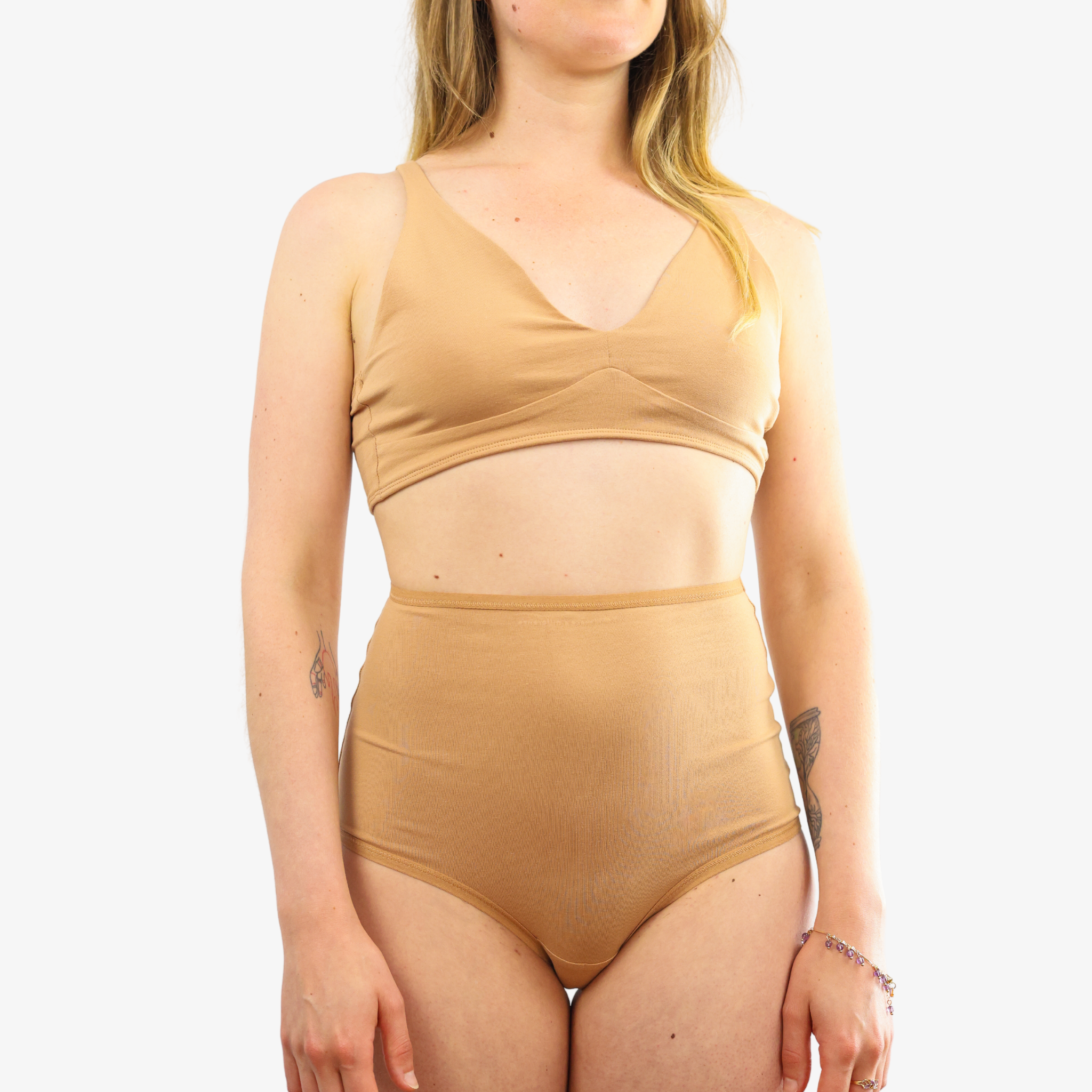 Women's organic cotton matching bralette and full briefs set - almond (light nude)