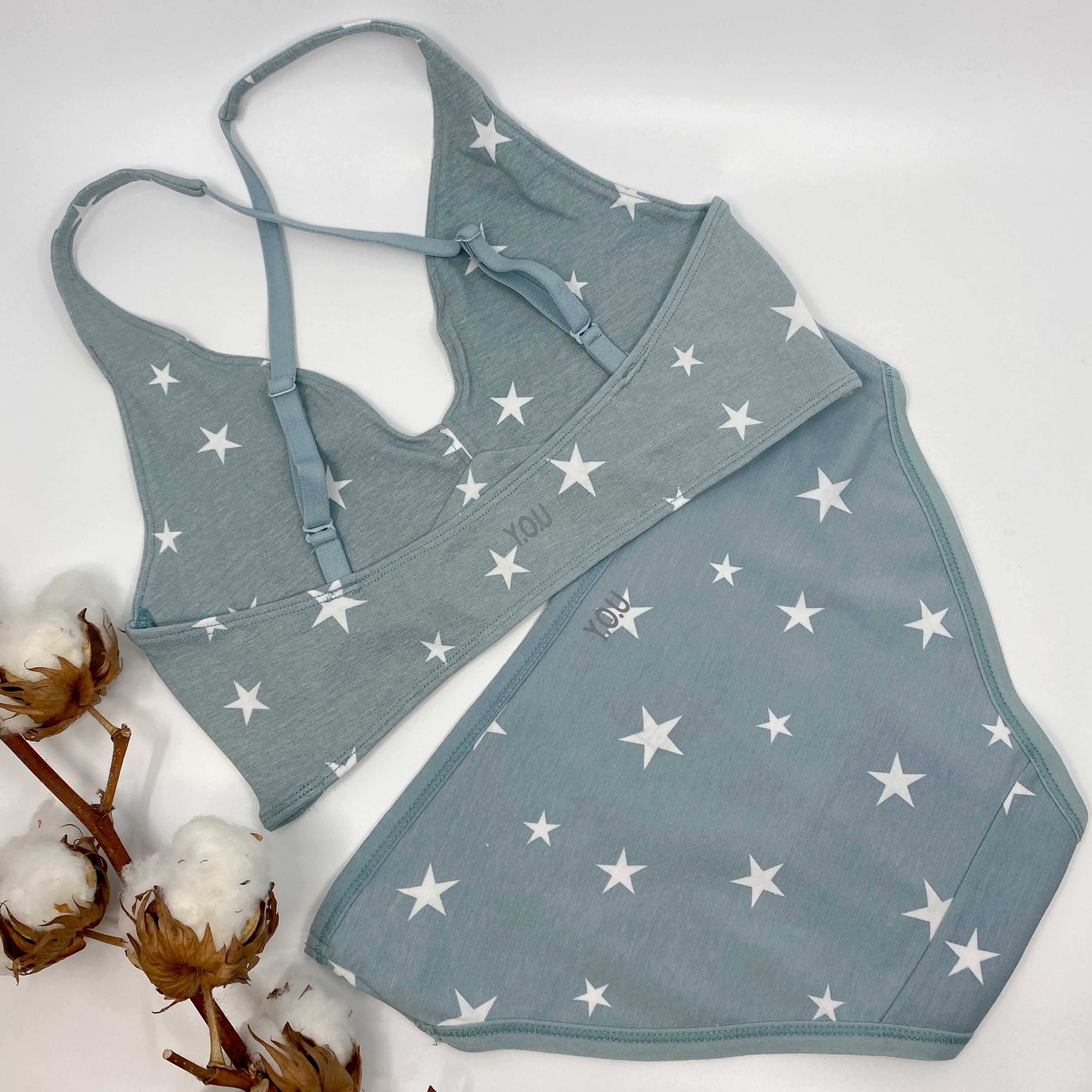 Women's organic cotton matching bralette and low-rise bikini set - blue with white stars pattern