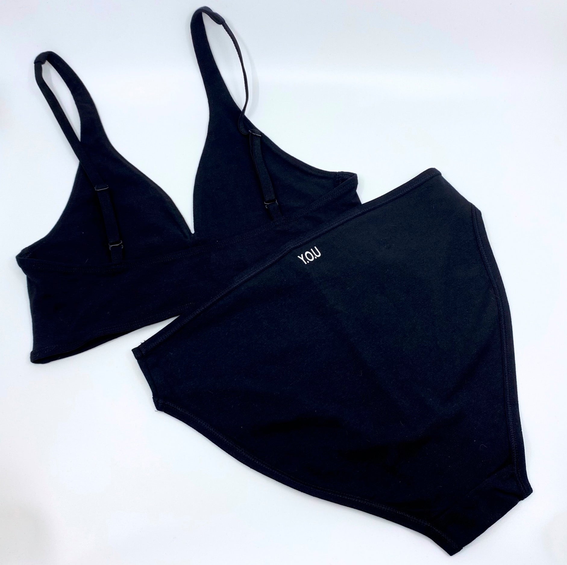 Women's organic cotton matching bralette and mid-rise bikini set - black