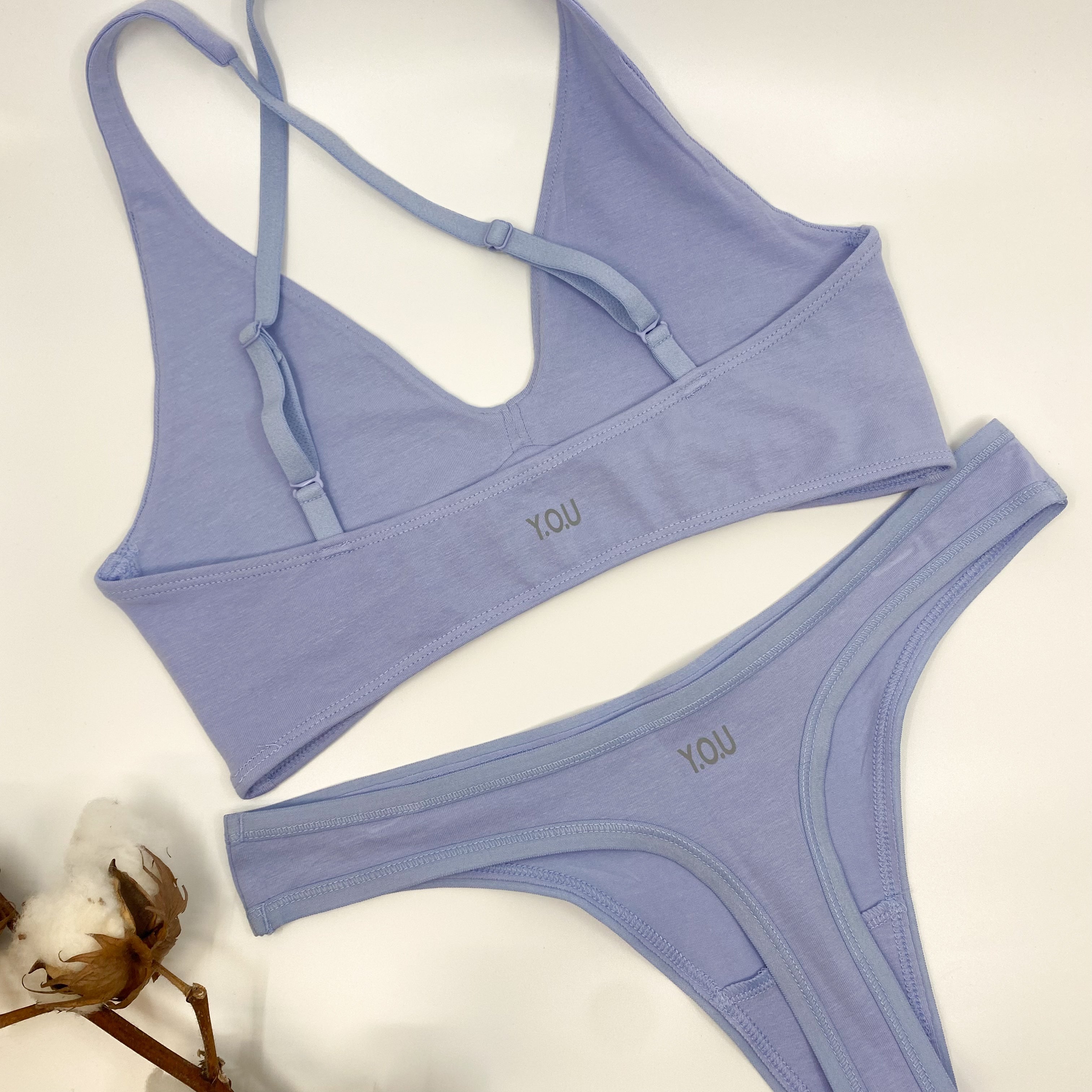 Women's organic cotton matching bralette and thong set in light blue