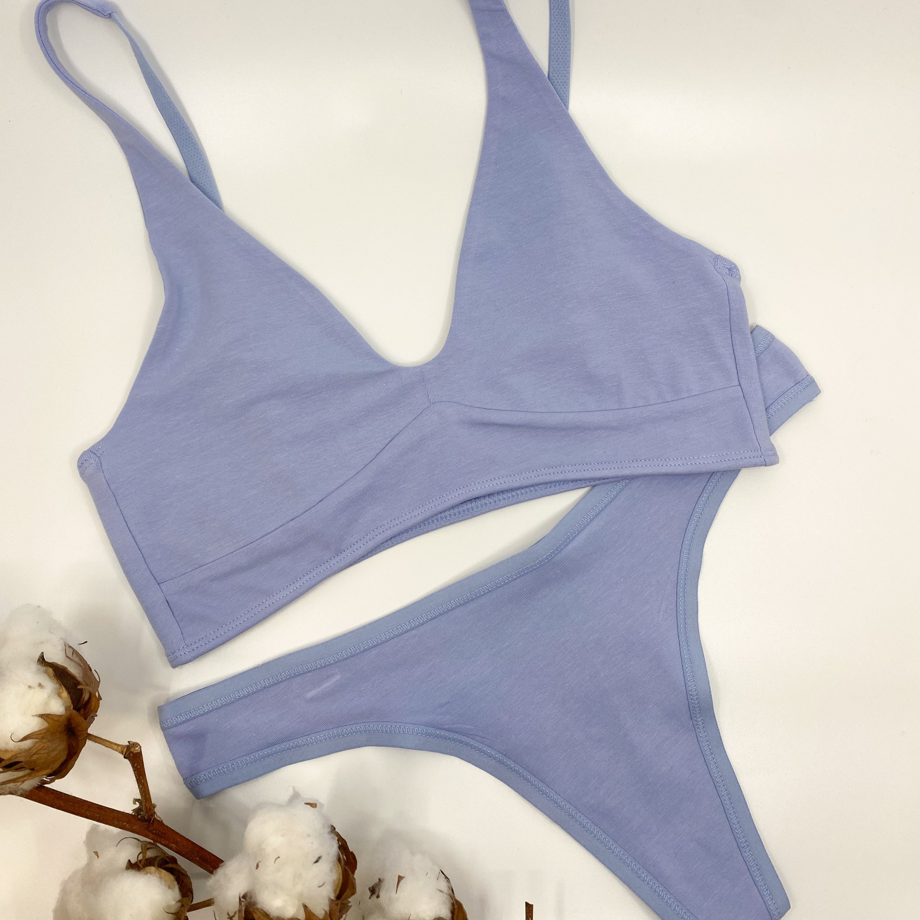 Women's organic cotton matching bralette and thong set in light blue