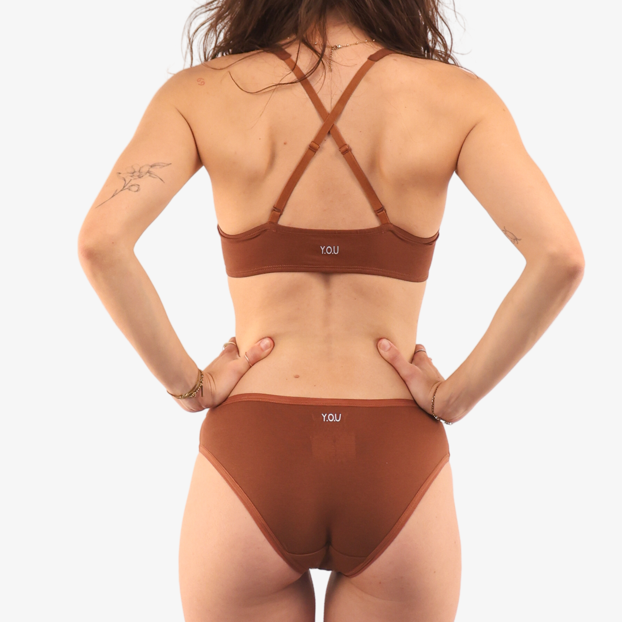 Women's organic cotton matching bralette and bikini set - chestnut (mid nude)