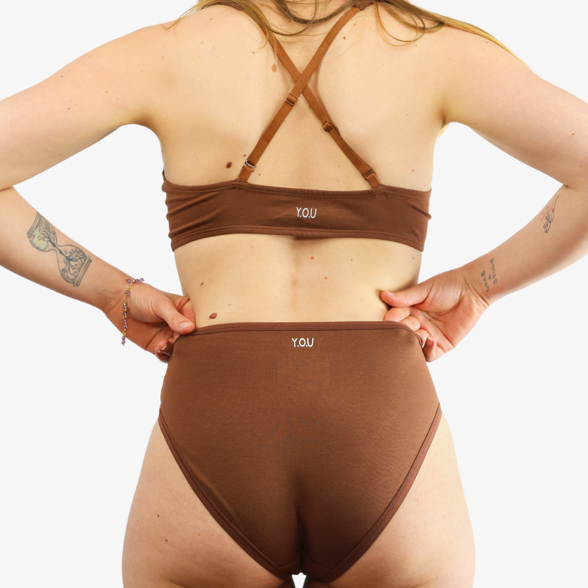 Women's organic cotton matching bralette and mid-rise bikini set - chestnut (mid nude)