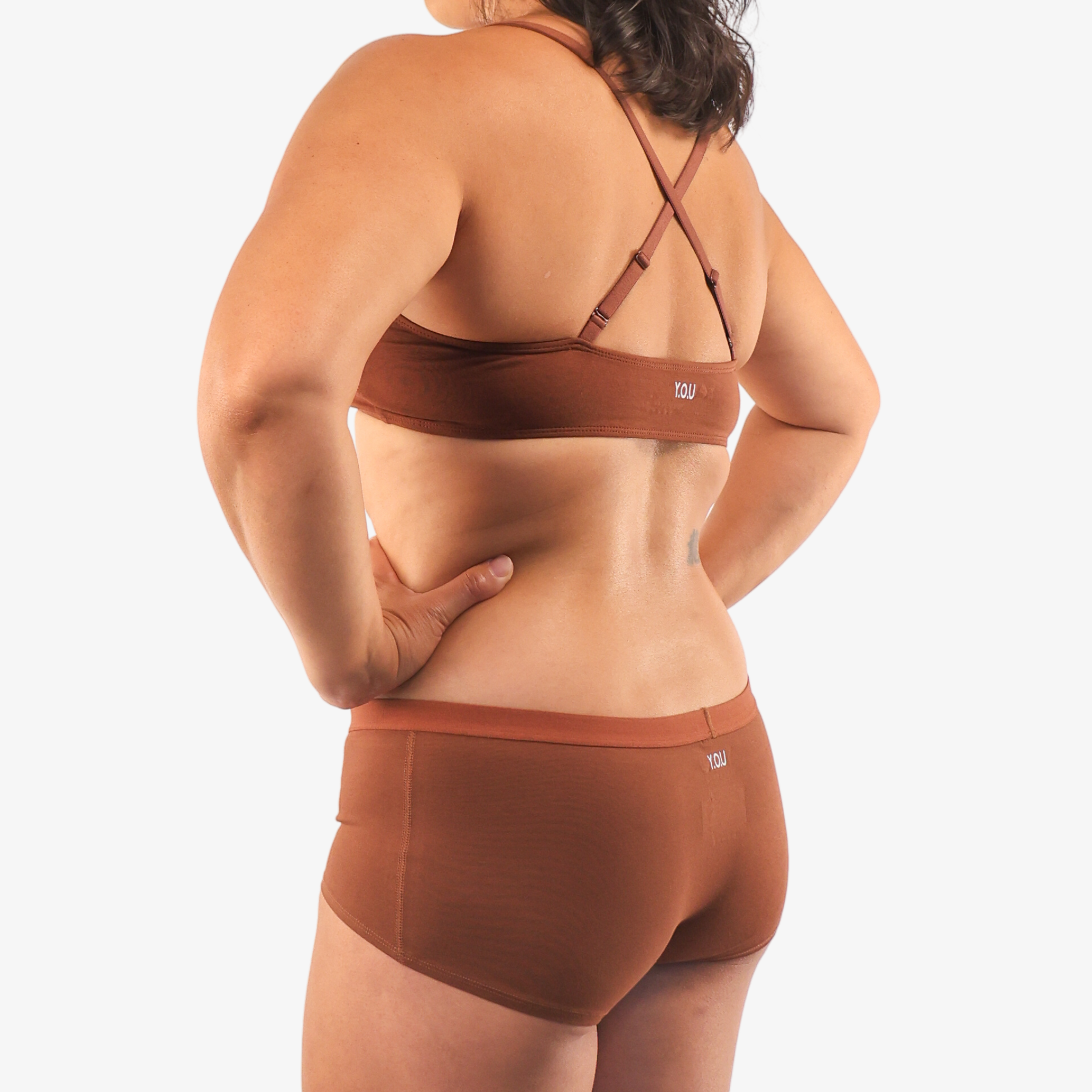 Women's organic cotton matching bralette and boy shorts set - chestnut (mid nude)