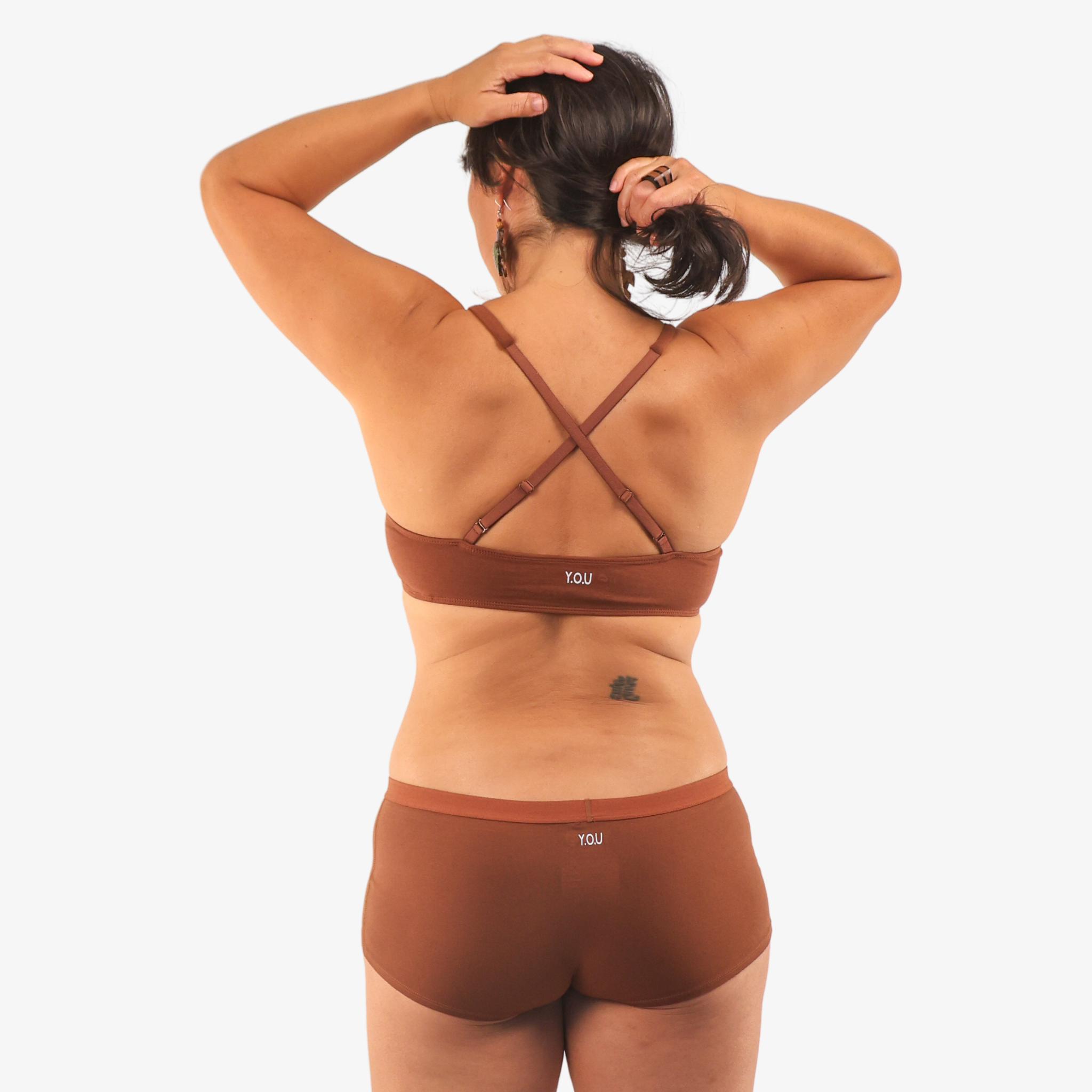 Women's organic cotton matching bralette and boy shorts set - chestnut (mid nude)