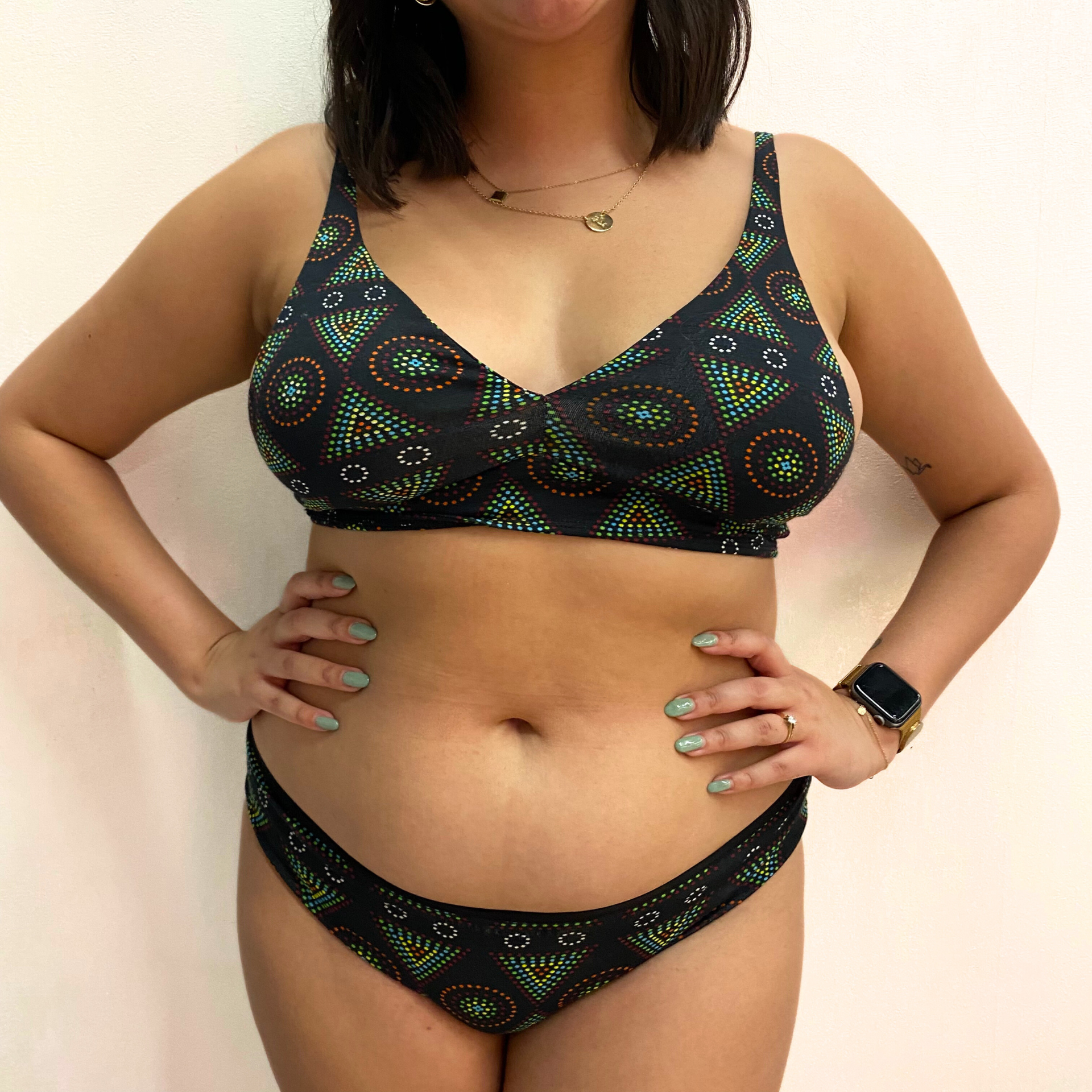 Women's organic cotton matching bralette and bikini set - Black Mara design