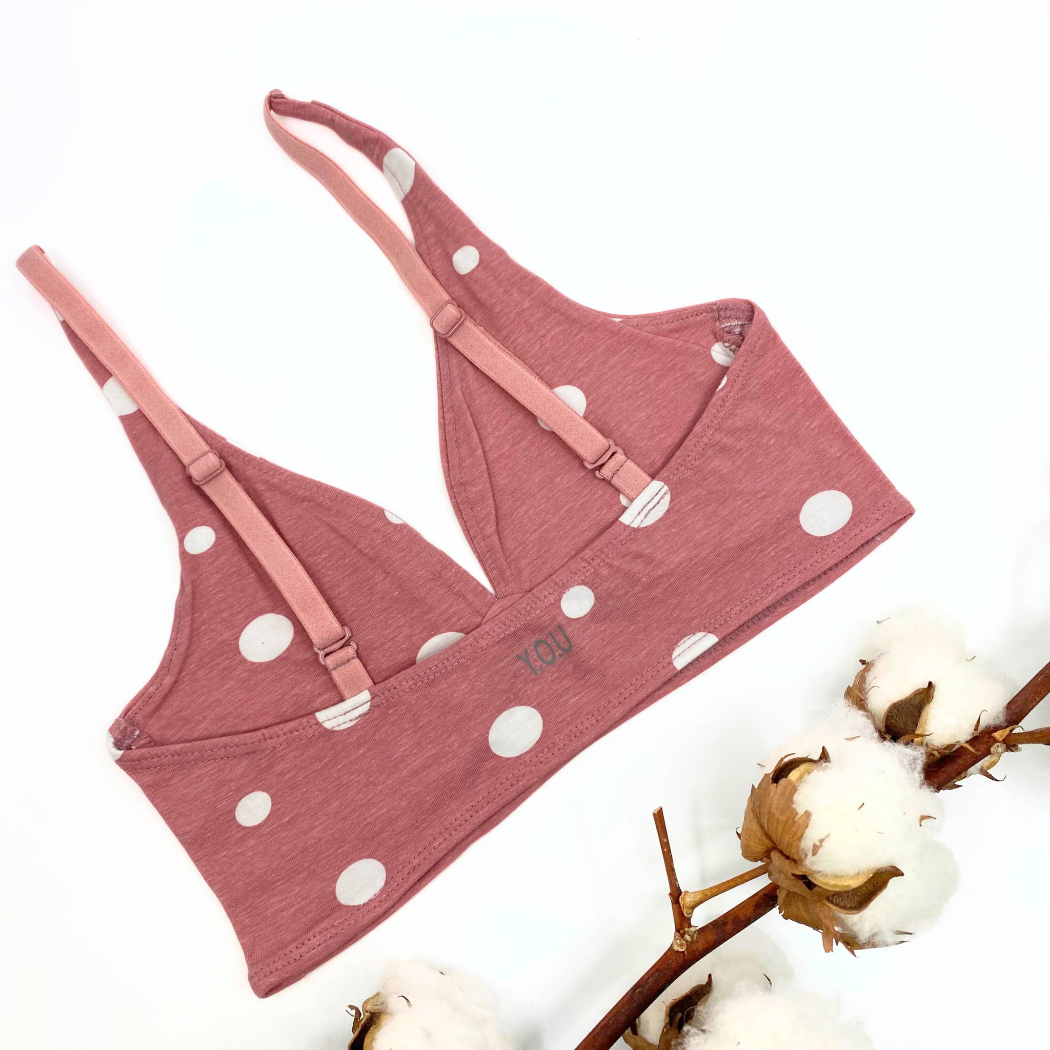 Girls' organic cotton bralette - pink with white dots