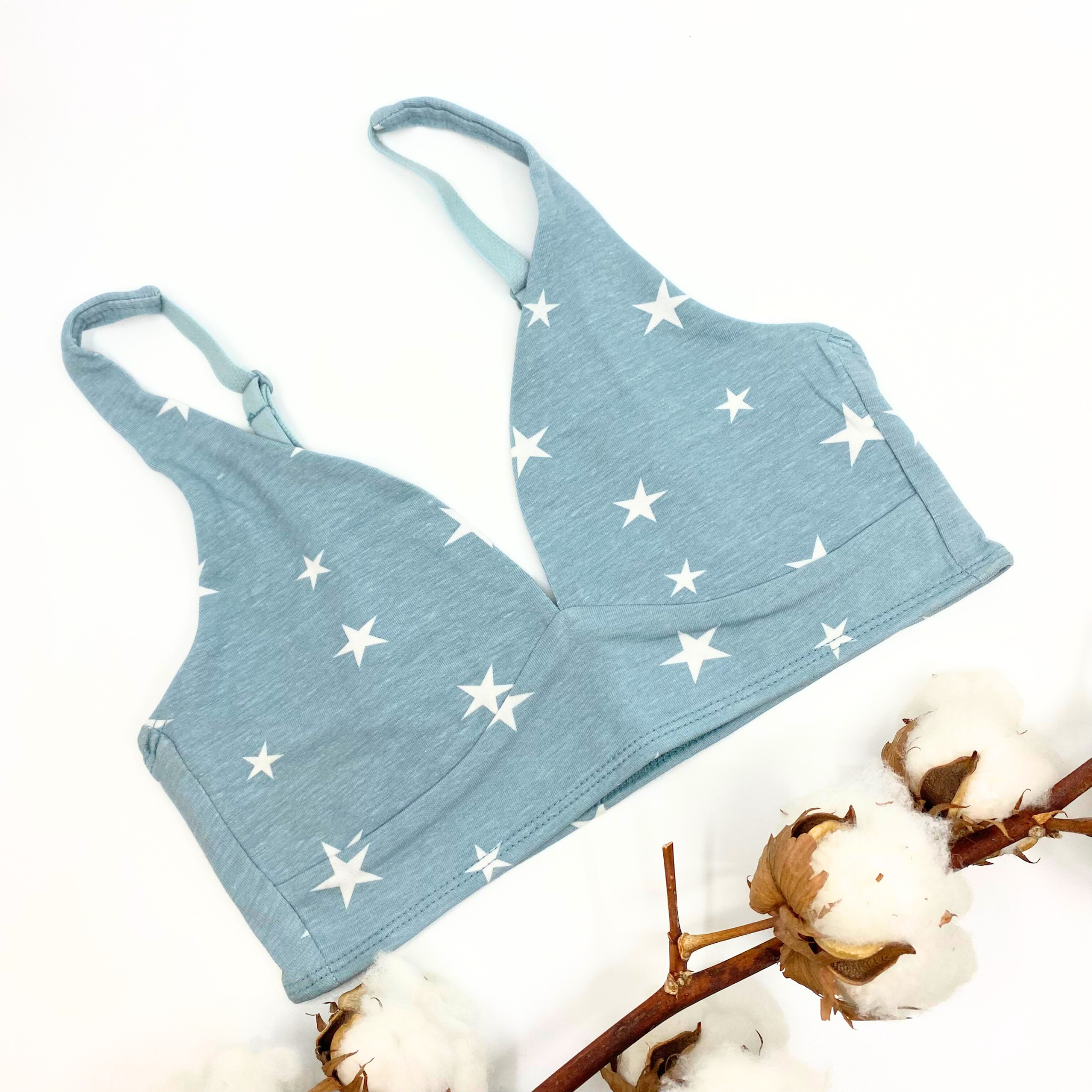 Girls' organic cotton bralette - blue with white stars