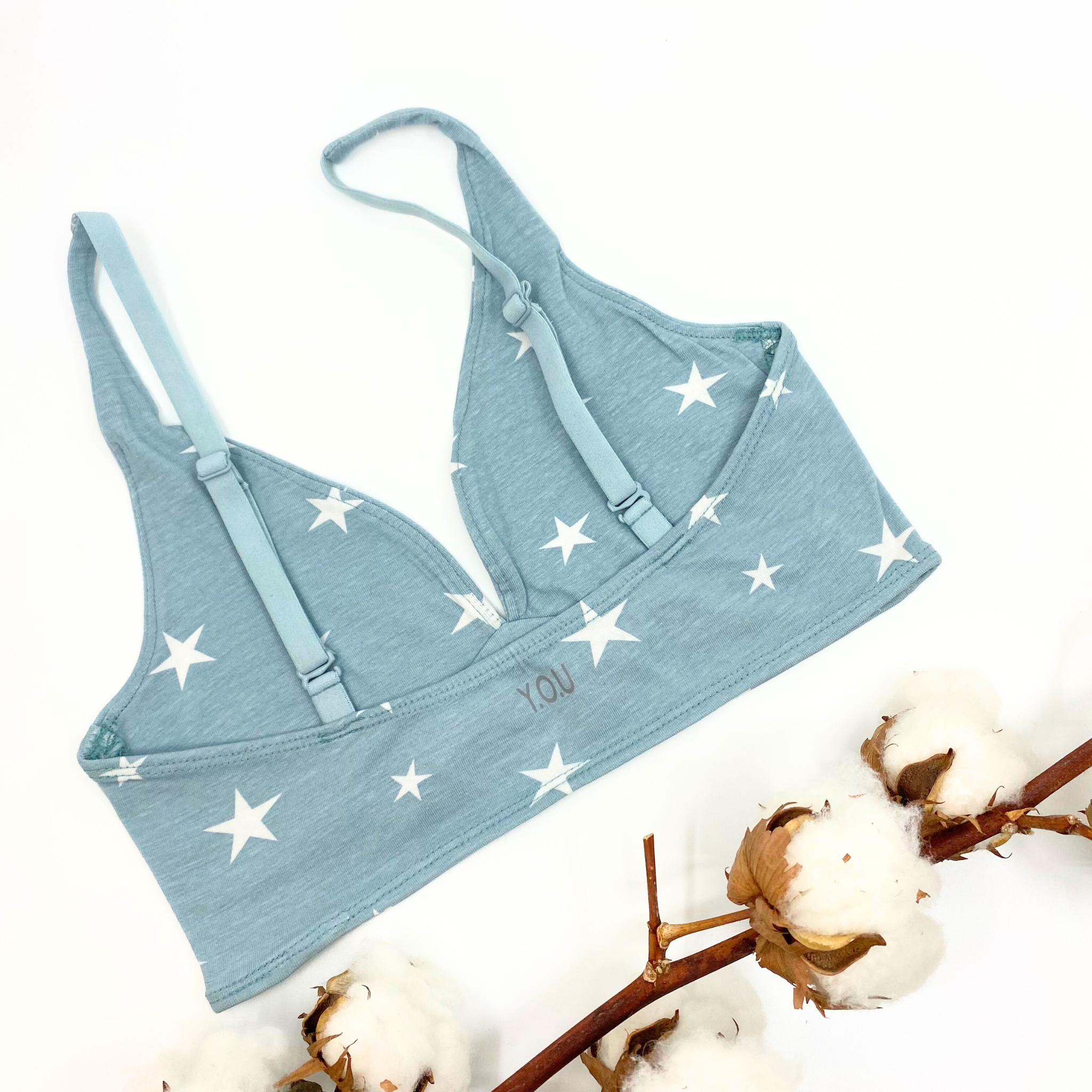 Girls' organic cotton bralette - blue with white stars