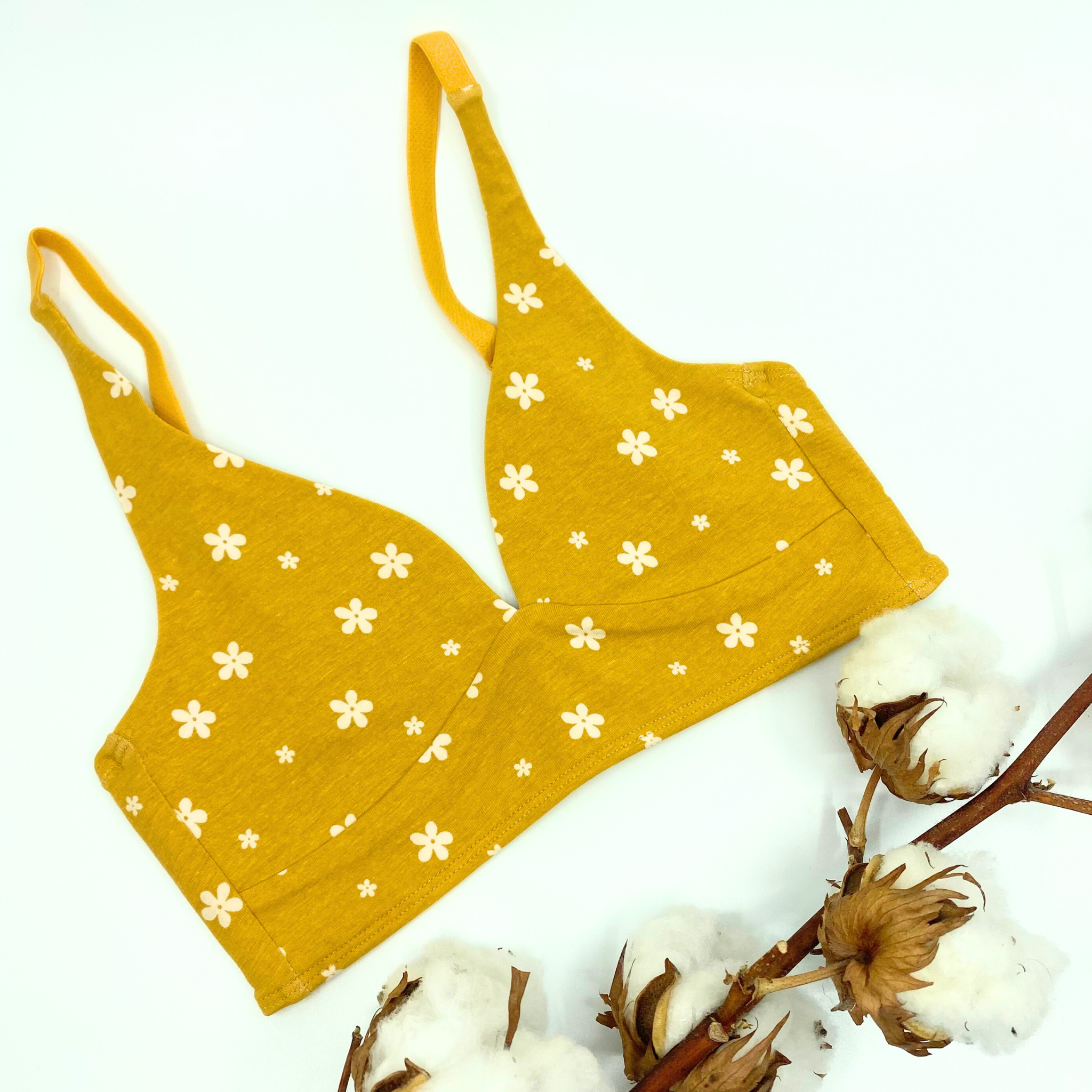 Girls' organic cotton bralette - yellow with white flowers