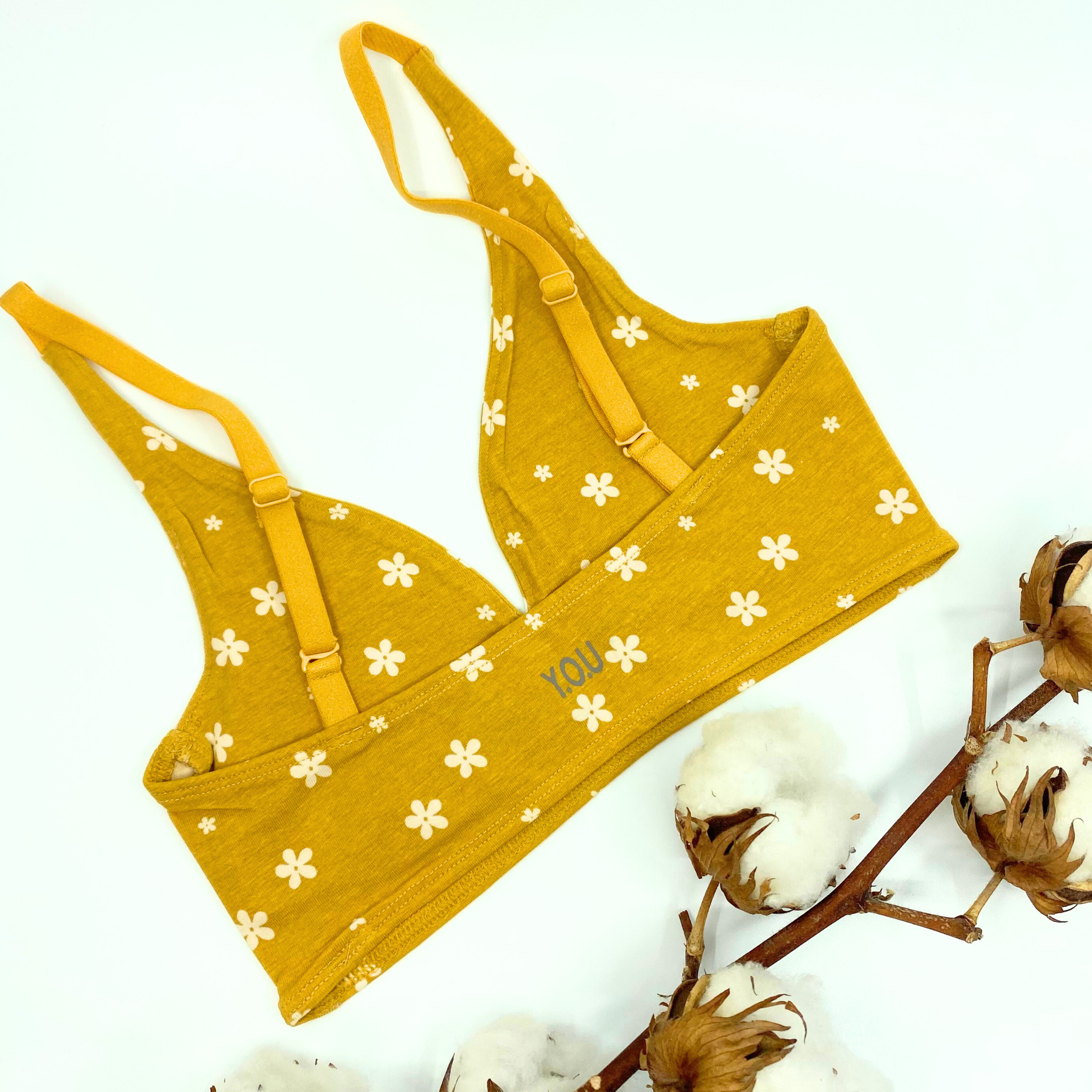 Girls' organic cotton bralette - yellow with white flowers