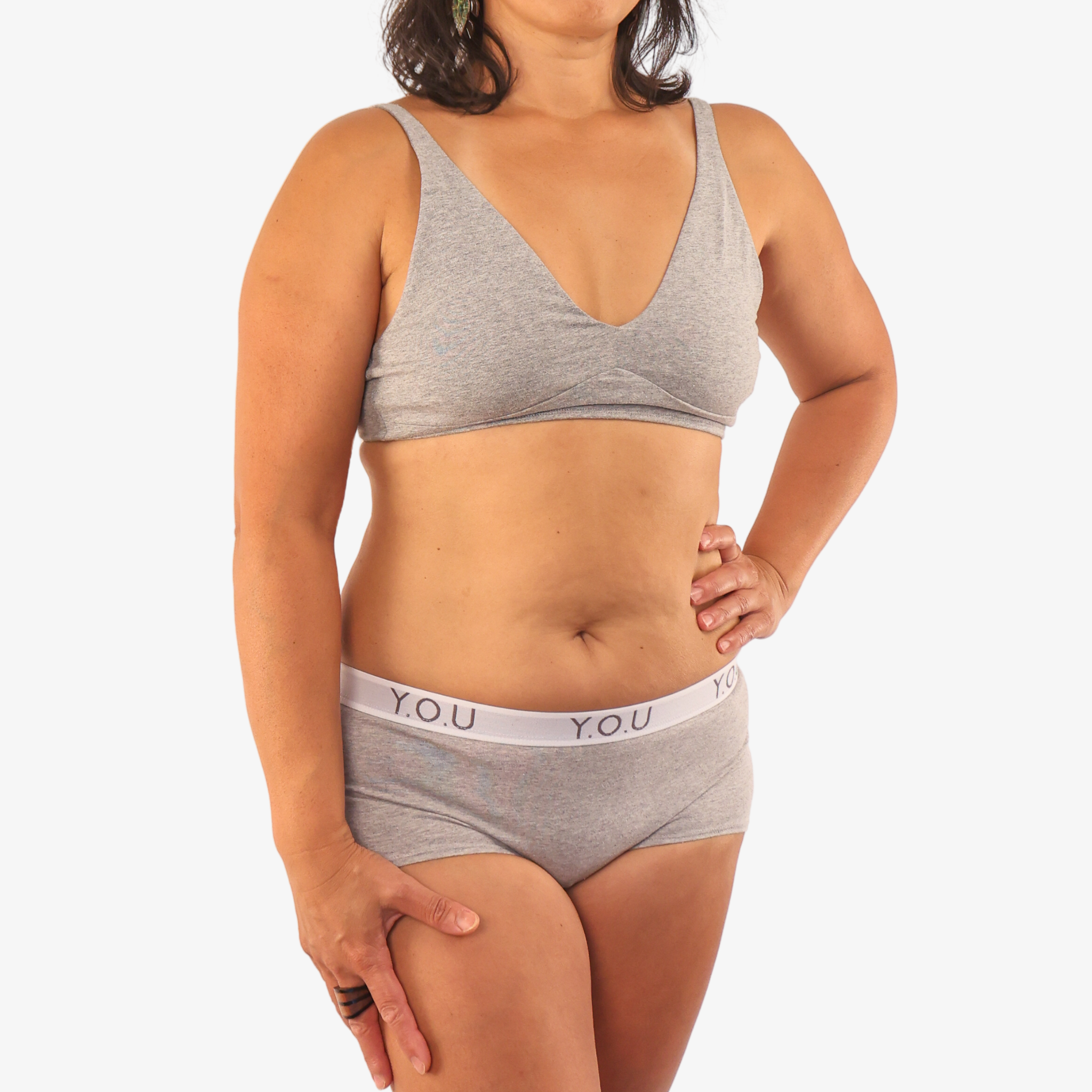 Women's organic cotton matching bralette and Y.O.U boy shorts set - light grey (heather grey)