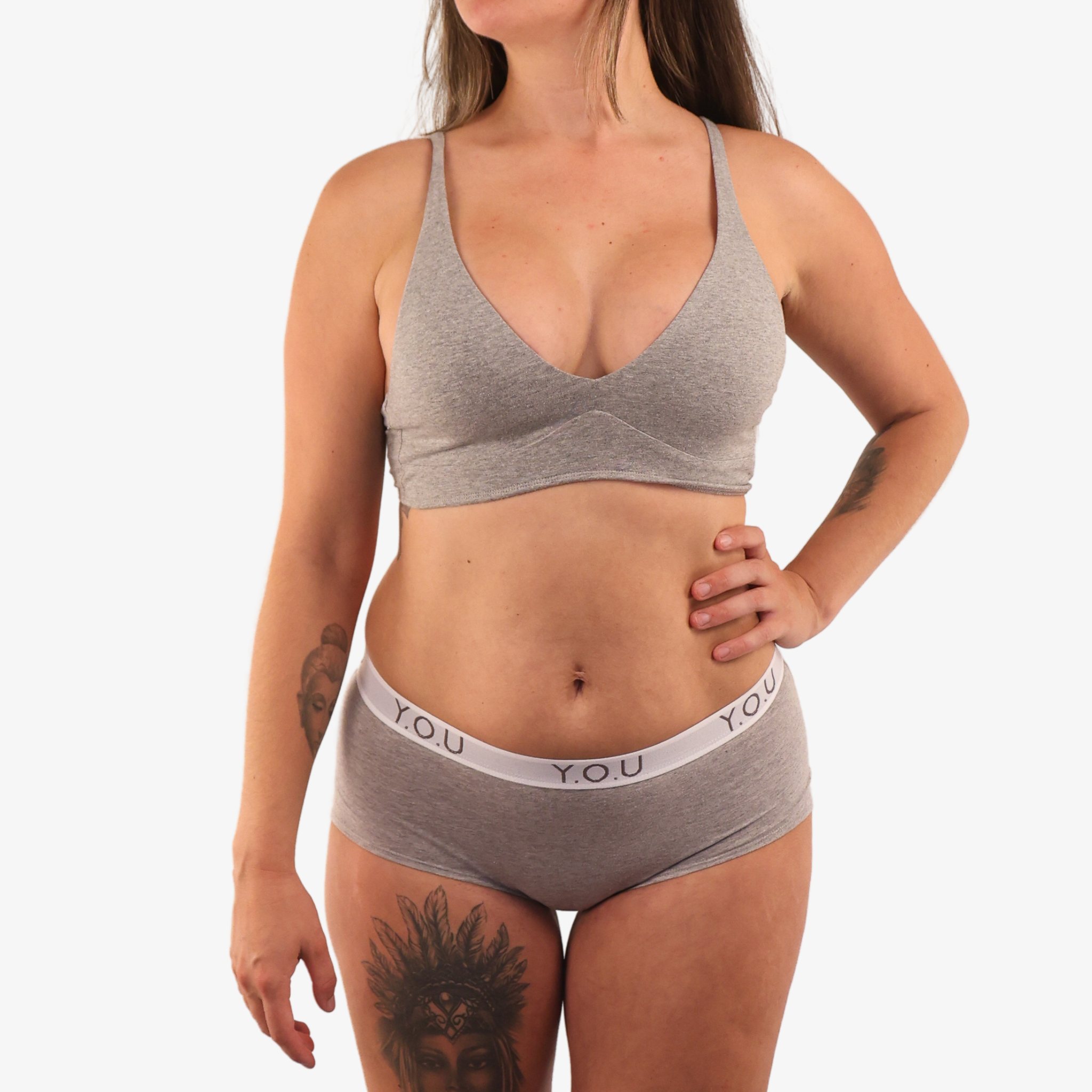 Women's organic cotton matching bralette and Y.O.U boy shorts set - light grey (heather grey)