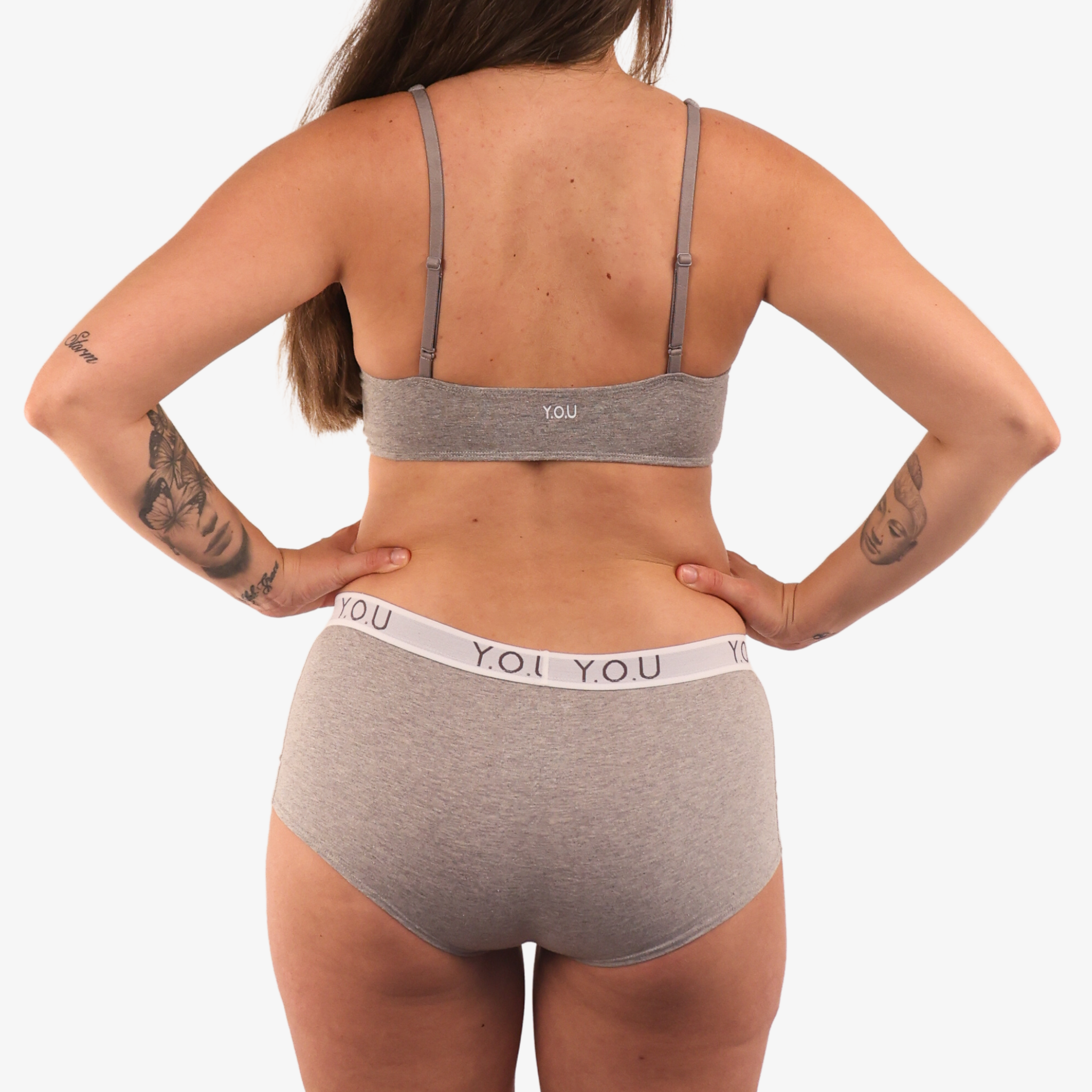 Women's organic cotton matching bralette and Y.O.U boy shorts set - light grey (heather grey)