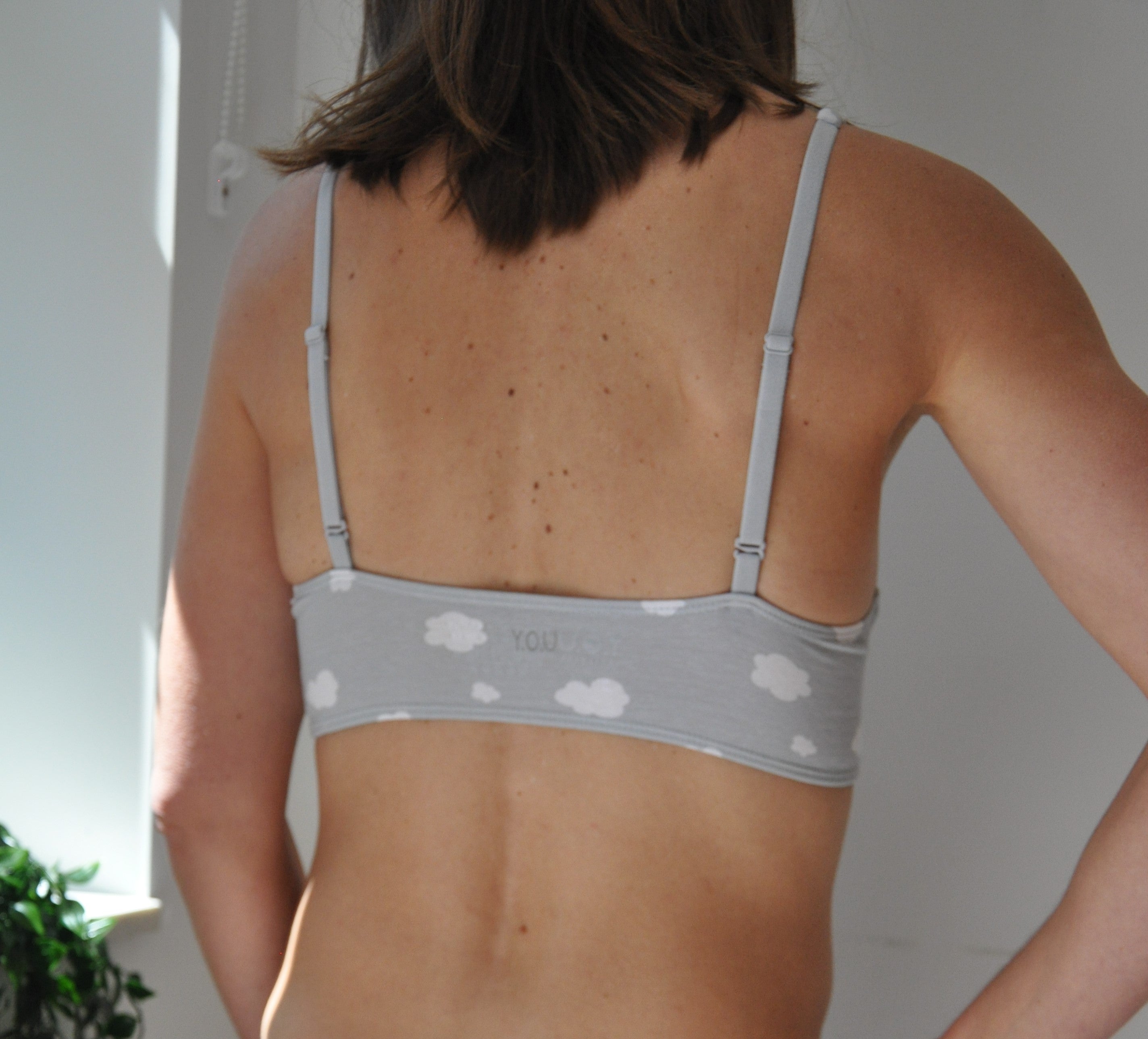 Women's organic cotton bralette in a light grey with white clouds pattern