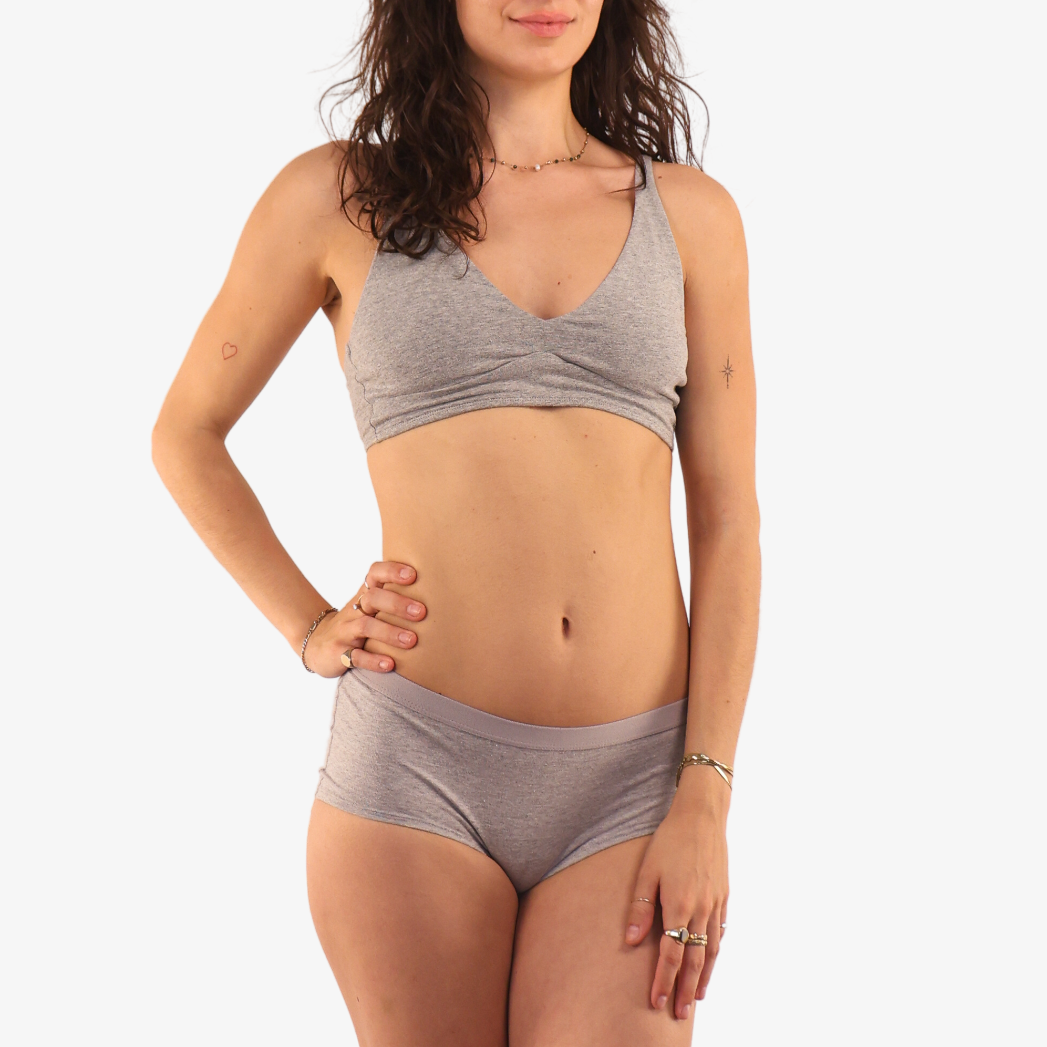 Women's organic cotton matching bralette and boy shorts set - heather grey