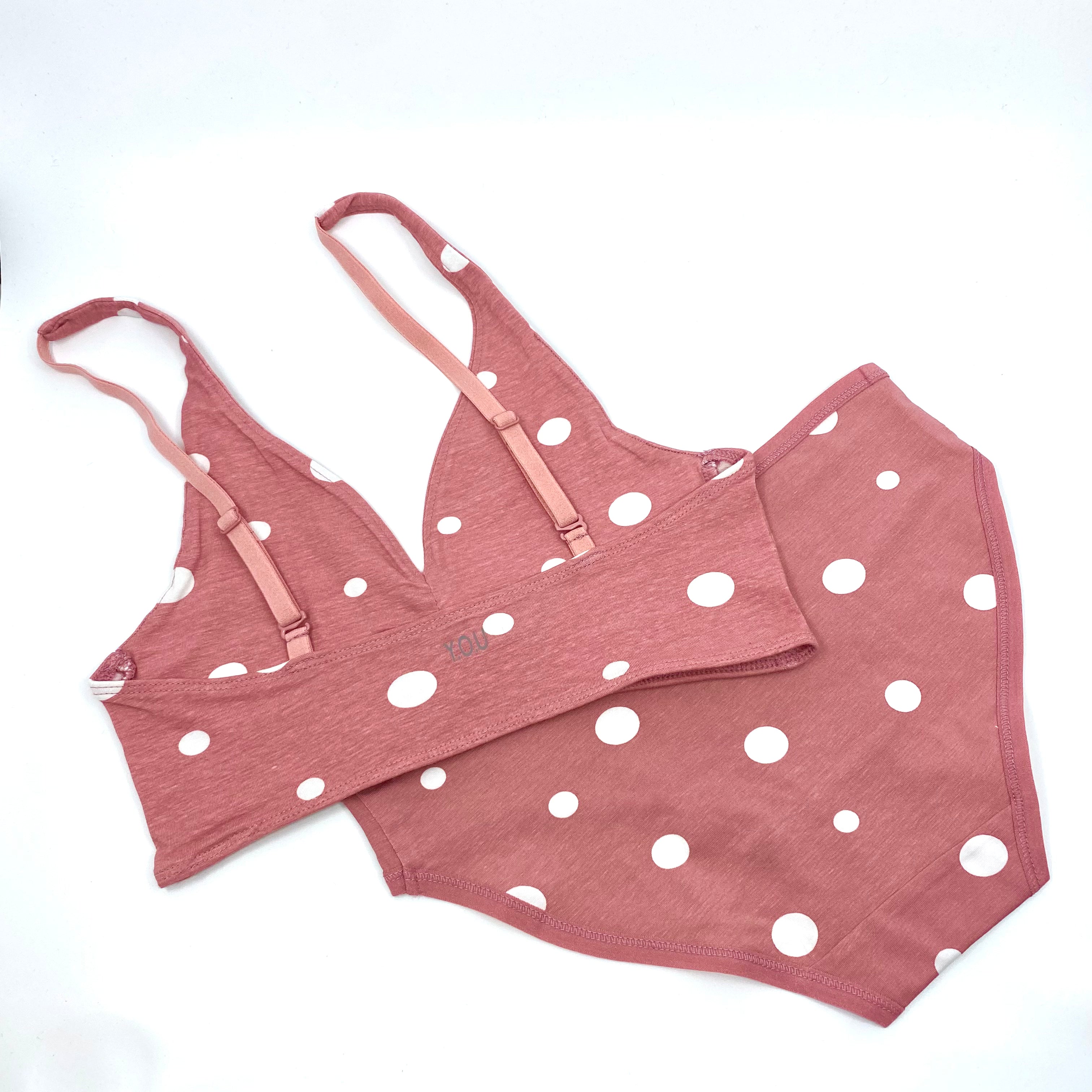 Women's organic cotton bralette and low-rise bikini set- pink with white dots