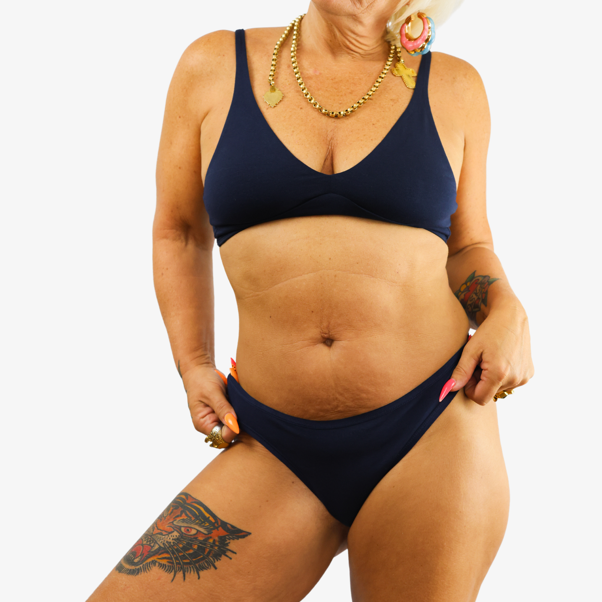 Women's organic cotton matching bralette and thong set - navy blue