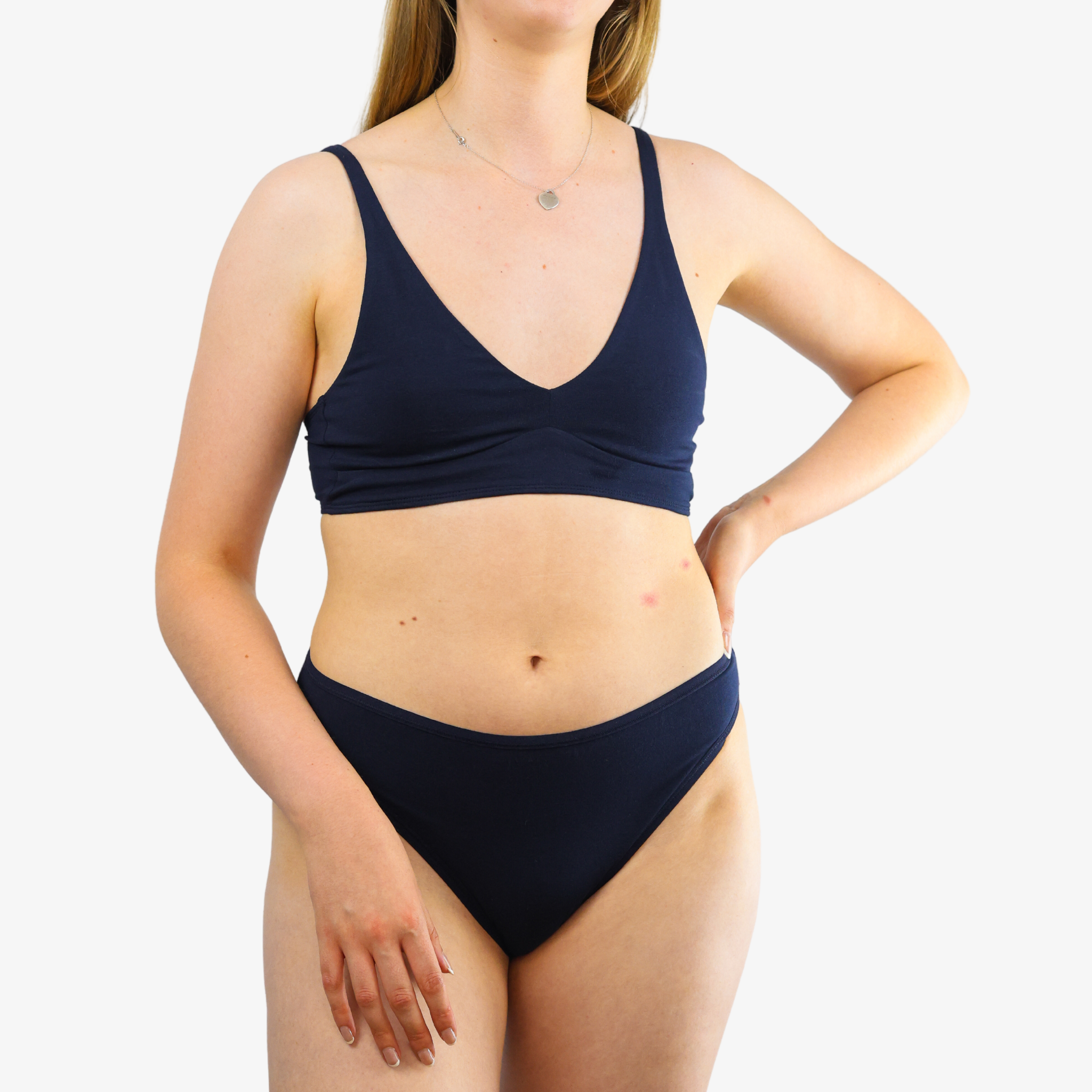 Women's organic cotton matching bralette and mid-rise bikini set - Navy blue