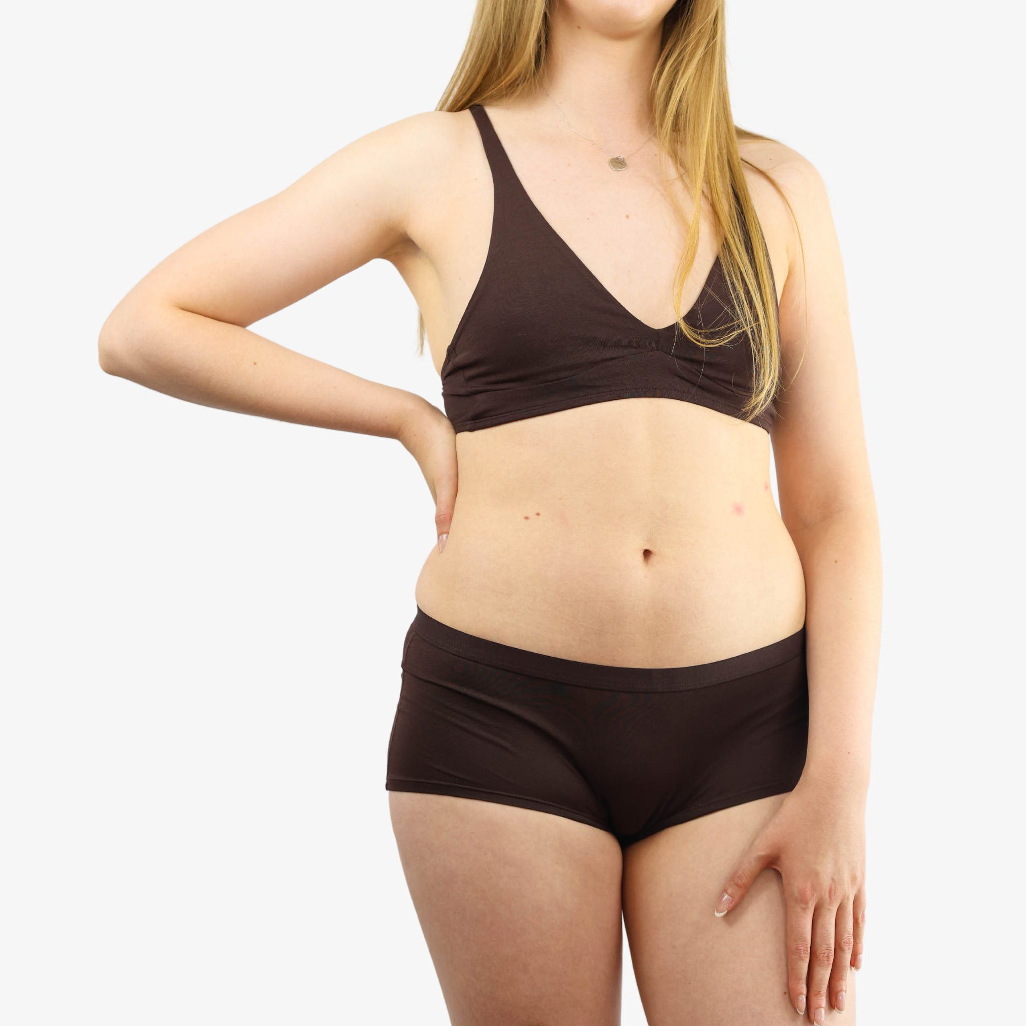 Women's organic cotton matching bralette and boy shorts set - cocoa (dark nude)