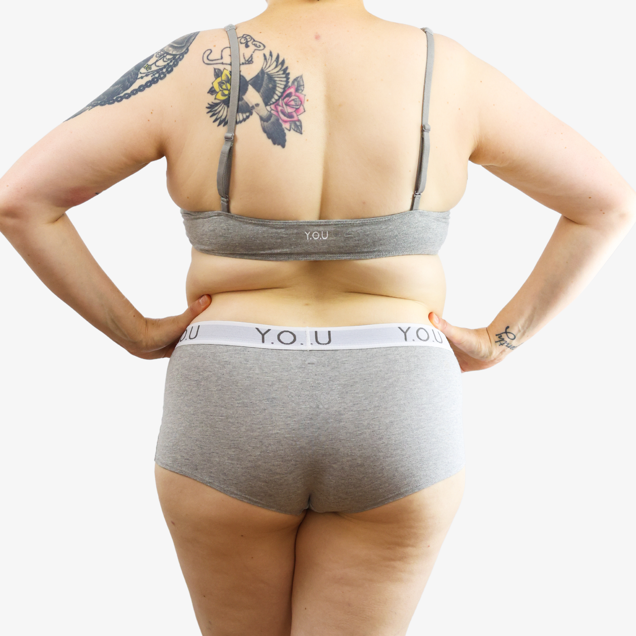 Women's organic cotton matching bralette and Y.O.U boy shorts set - light grey (heather grey)