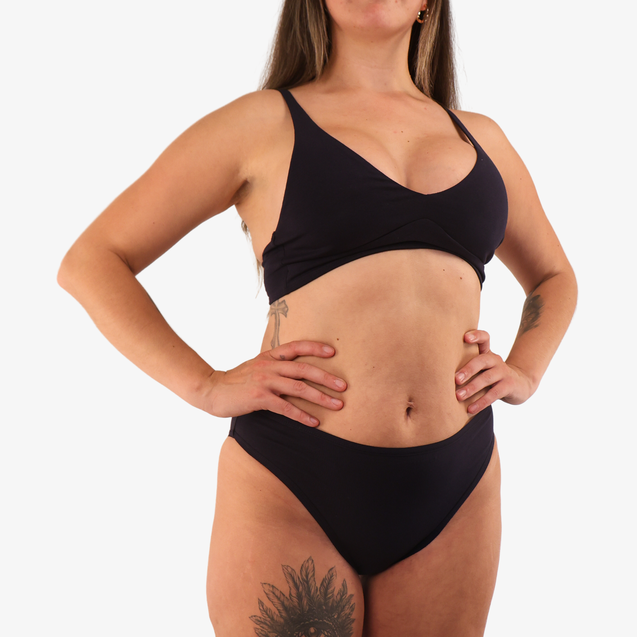 Women's organic cotton matching bralette and mid-rise bikini set - black