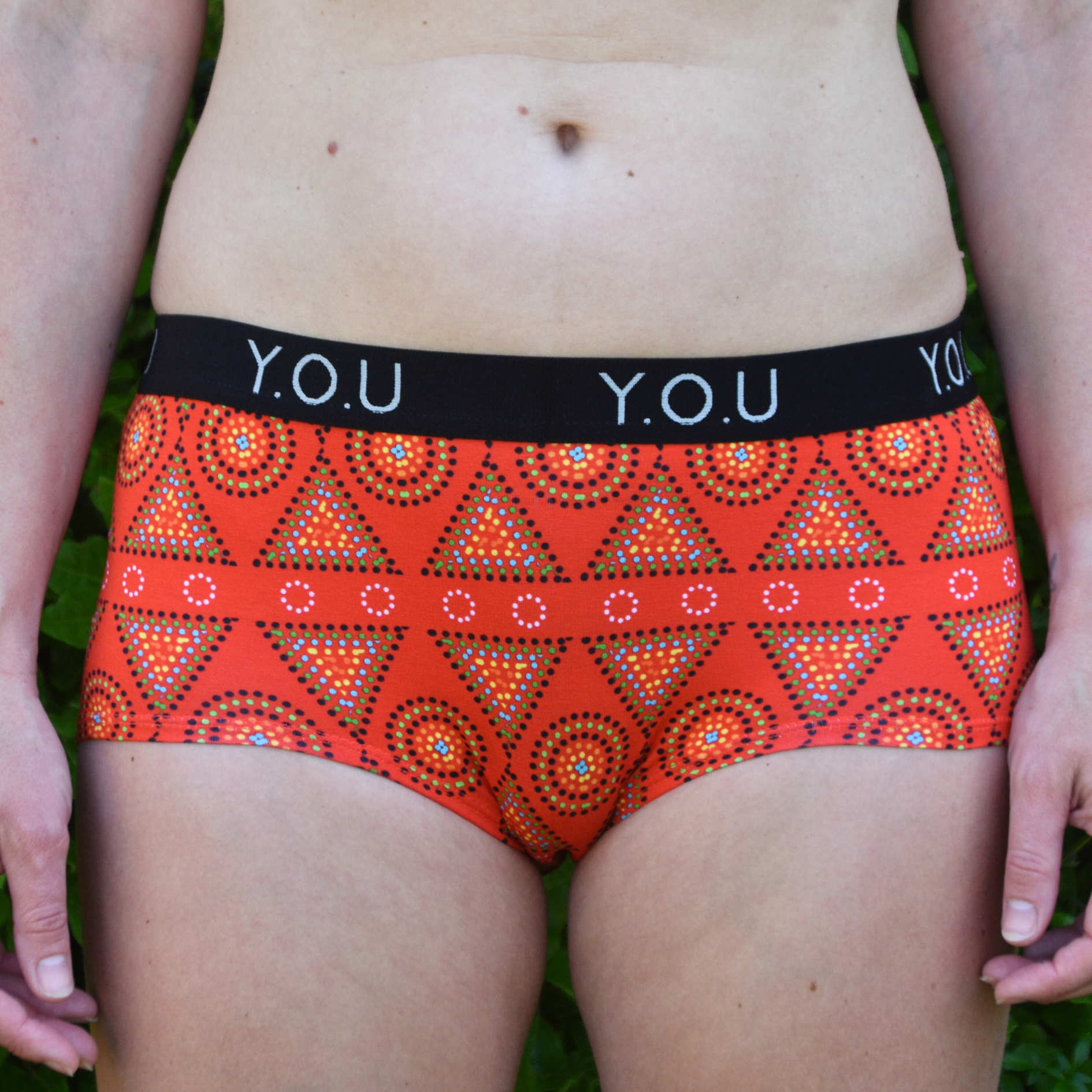 Women’s organic cotton boy shorts with Y.O.U elastic - Red Mara design