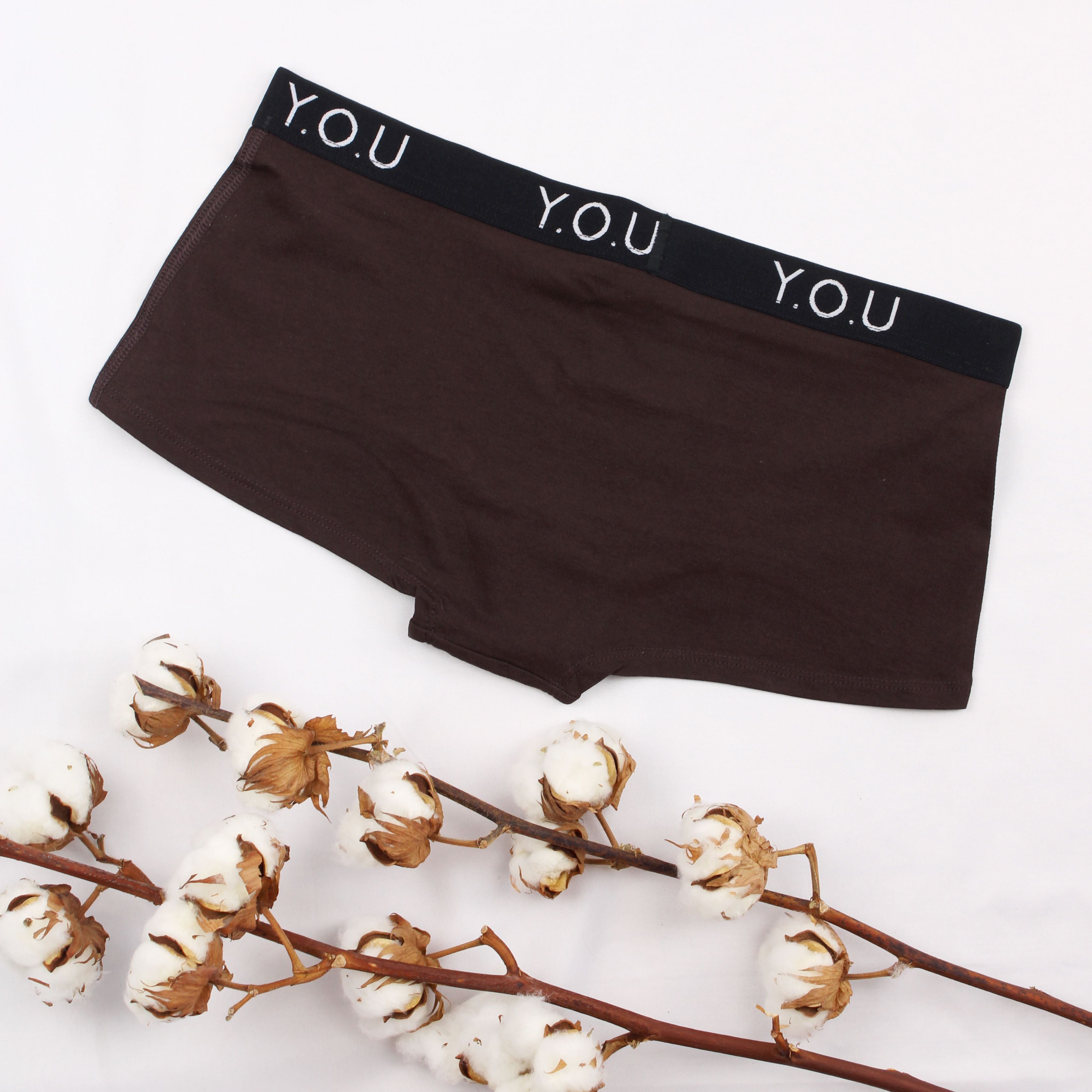 Women’s organic cotton boy shorts with Y.O.U elastic in cocoa (dark nude)