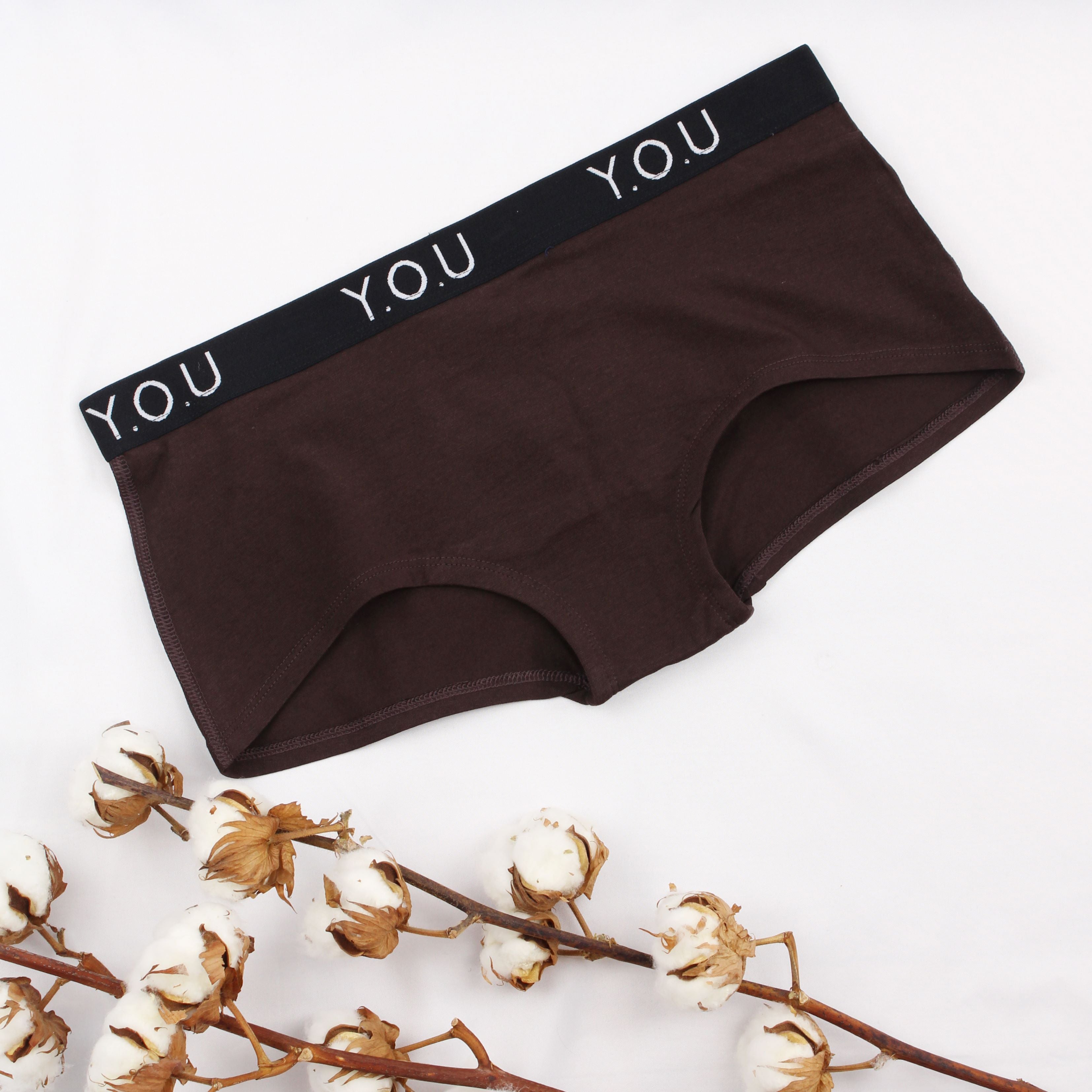 Women’s organic cotton boy shorts with Y.O.U elastic in cocoa (dark nude)