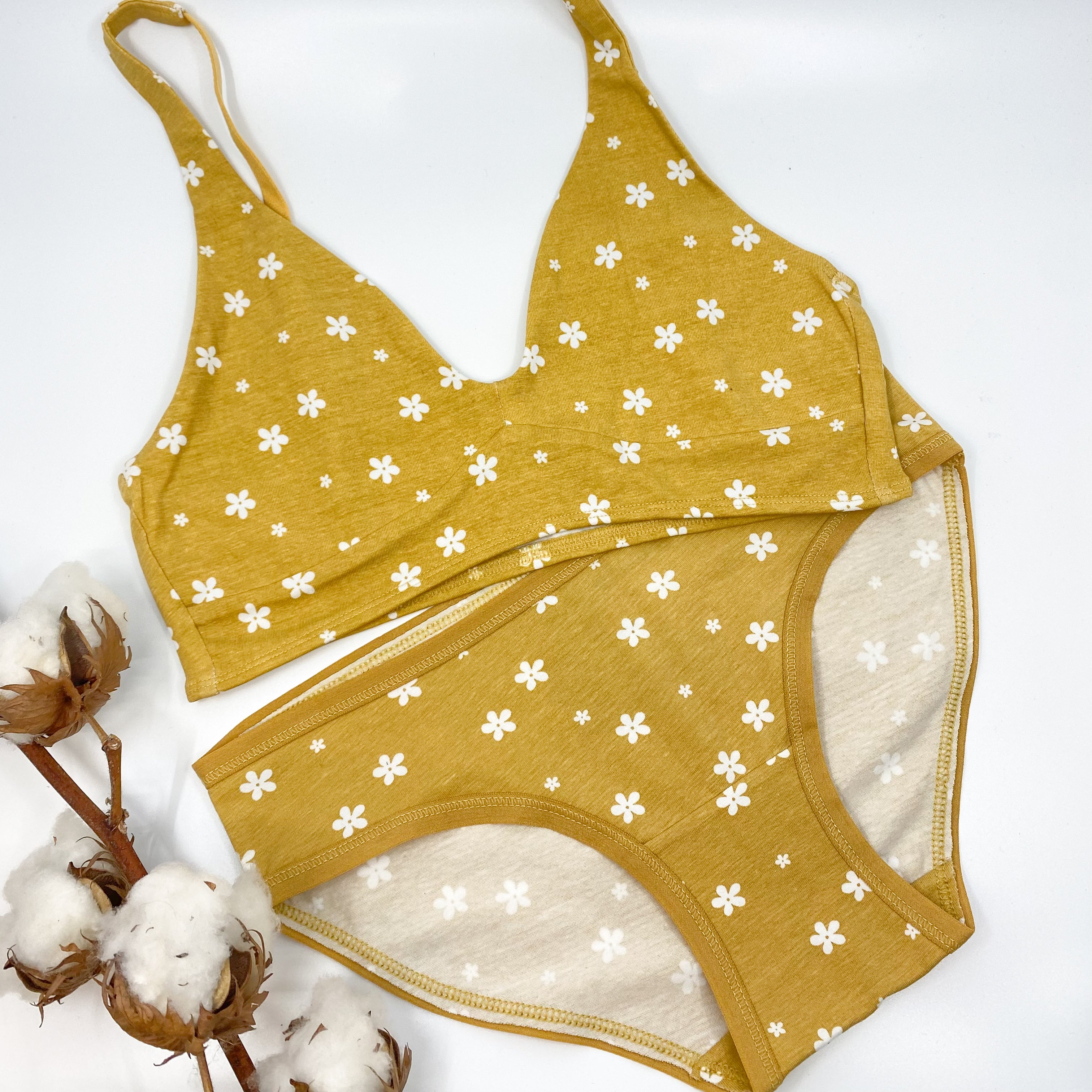 Women's organic cotton bralette and low-rise bikini bottom matching set- yellow with white flowers