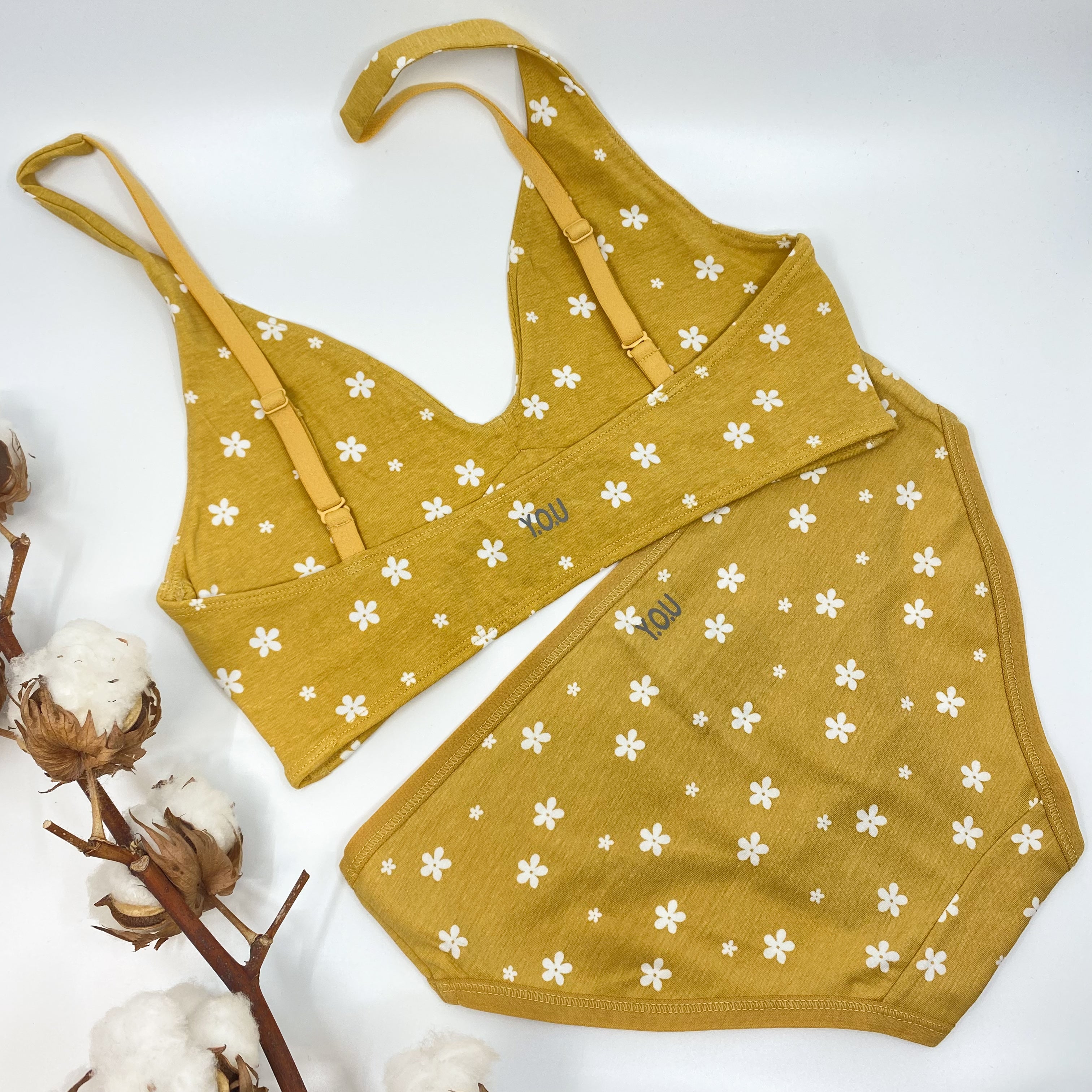 Women's organic cotton bralette and low-rise bikini bottom matching set- yellow with white flowers