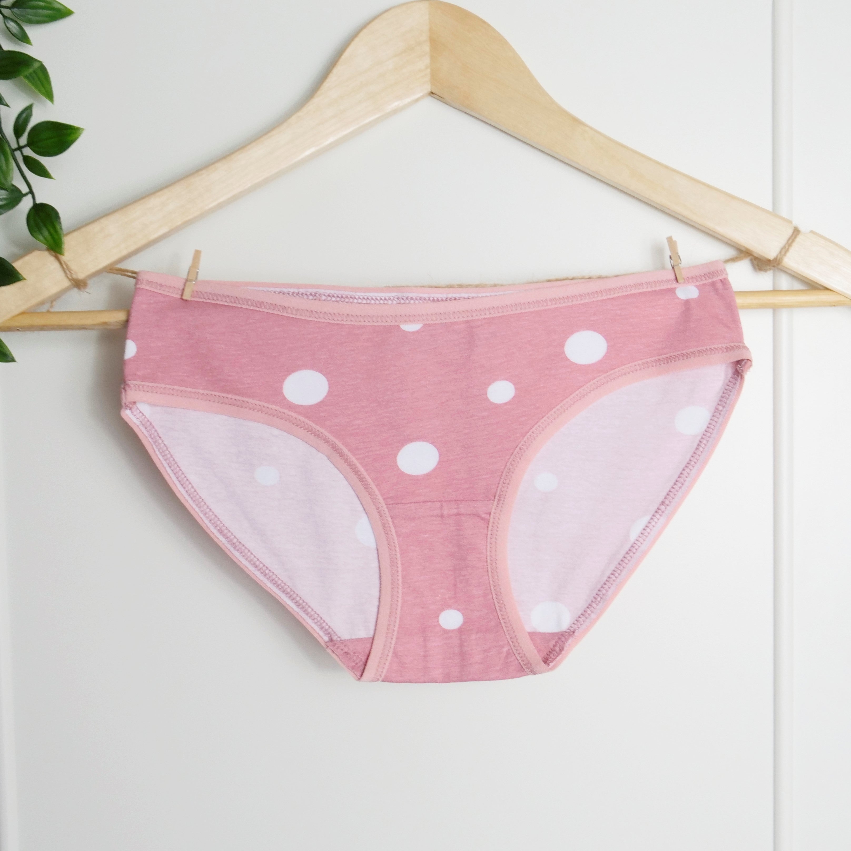 Women's organic cotton bralette and low-rise bikini set- pink with white dots