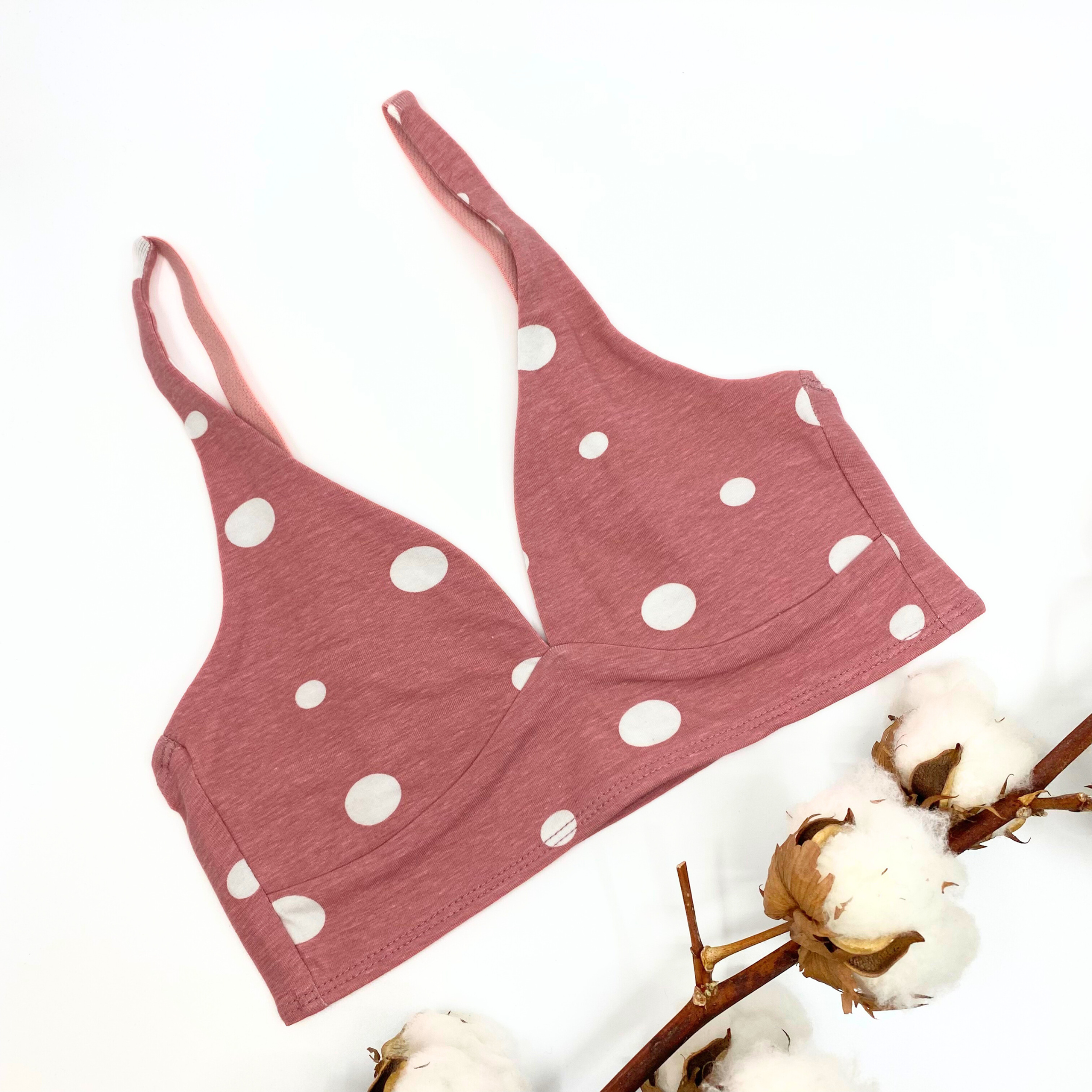 Girls' organic cotton bralette - pink with white dots