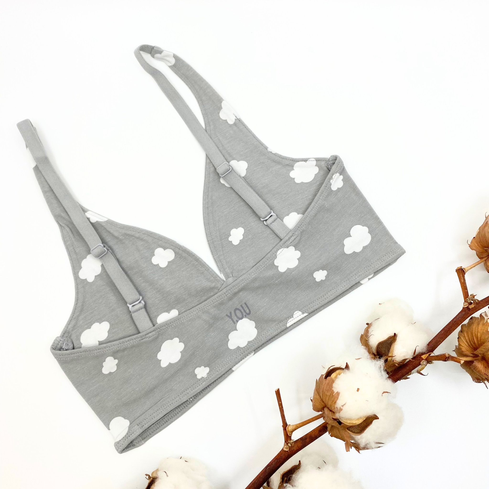 Girls' organic cotton bralette - grey with white clouds