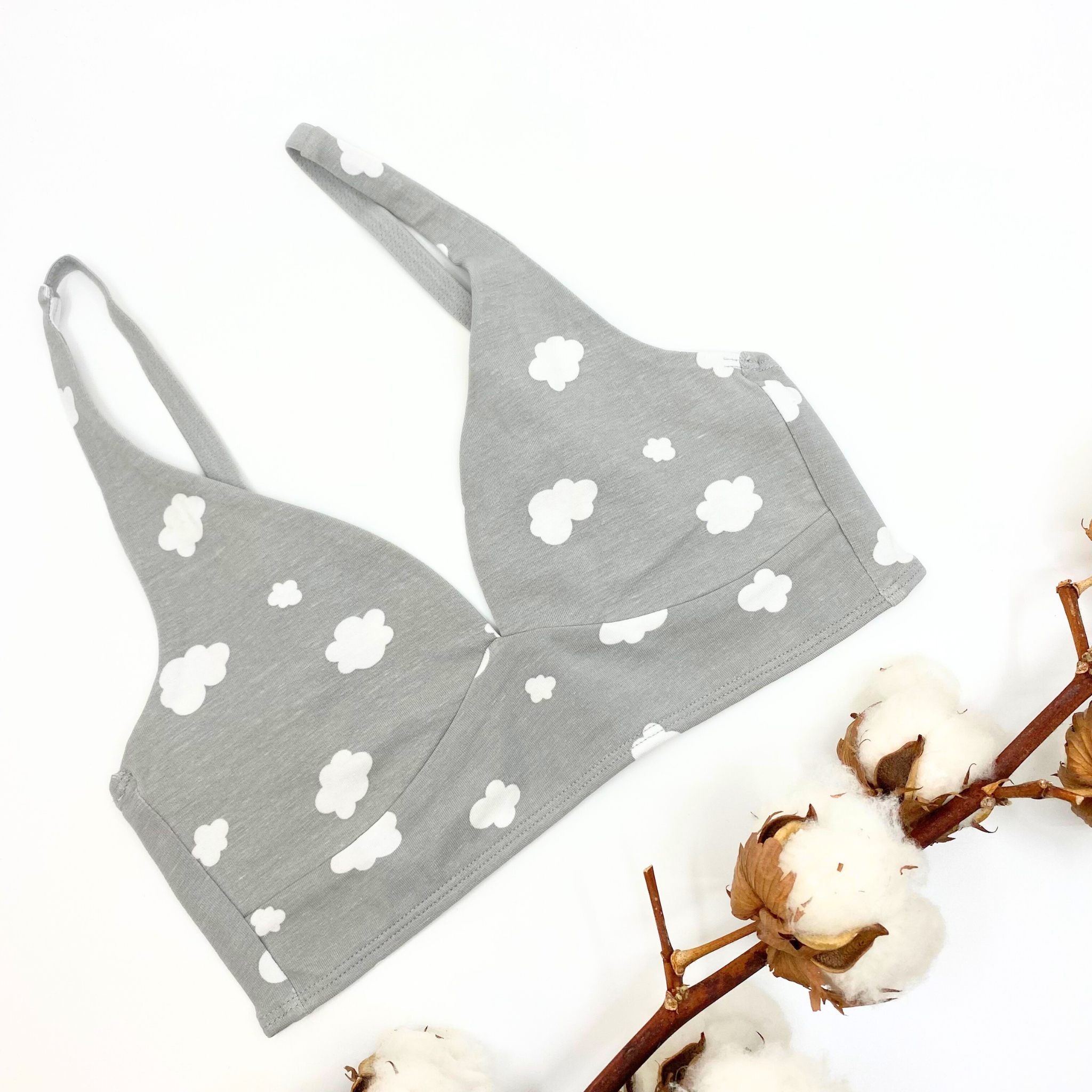 Girls' organic cotton bralette - grey with white clouds