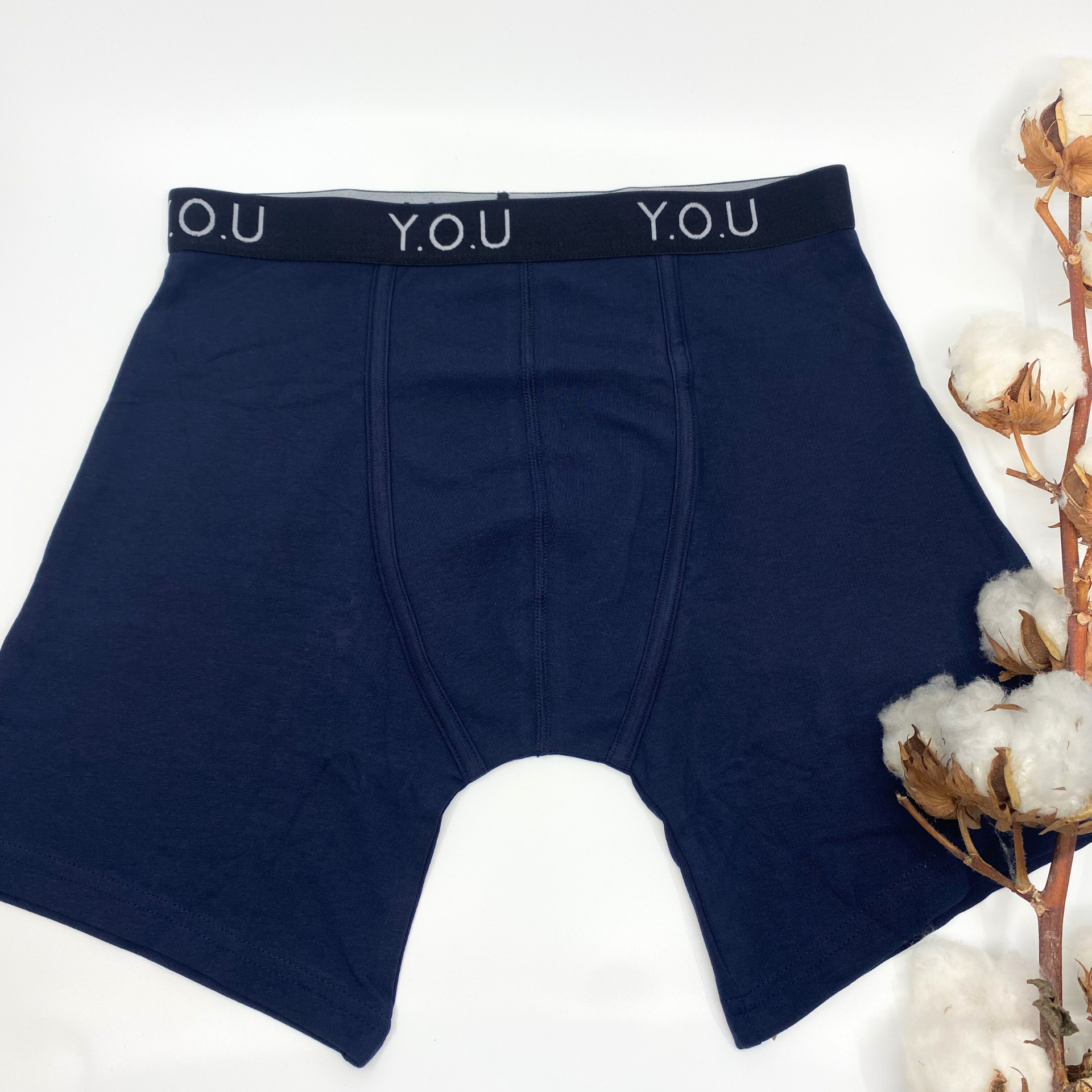 Men's organic cotton longer-leg trunks in navy blue