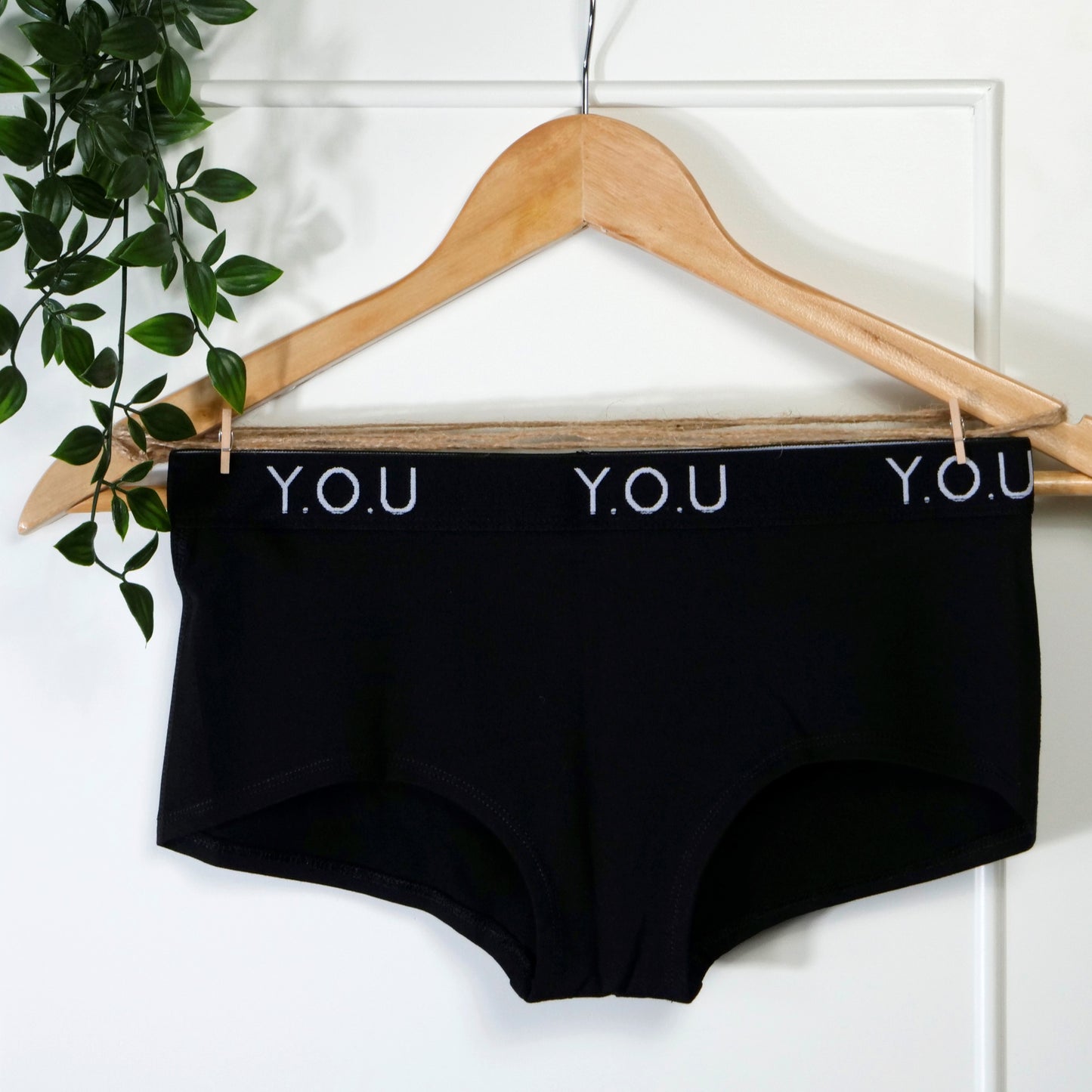Women's organic cotton boy shorts with Y.O.U elastic in black